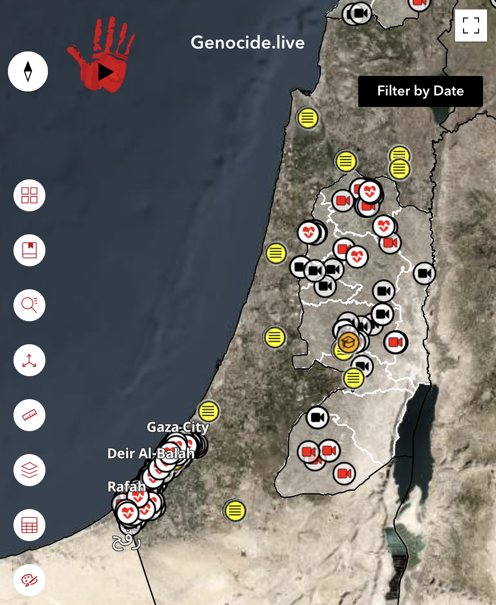 Screenshot of the mobile version of the genocide.live video mapping app