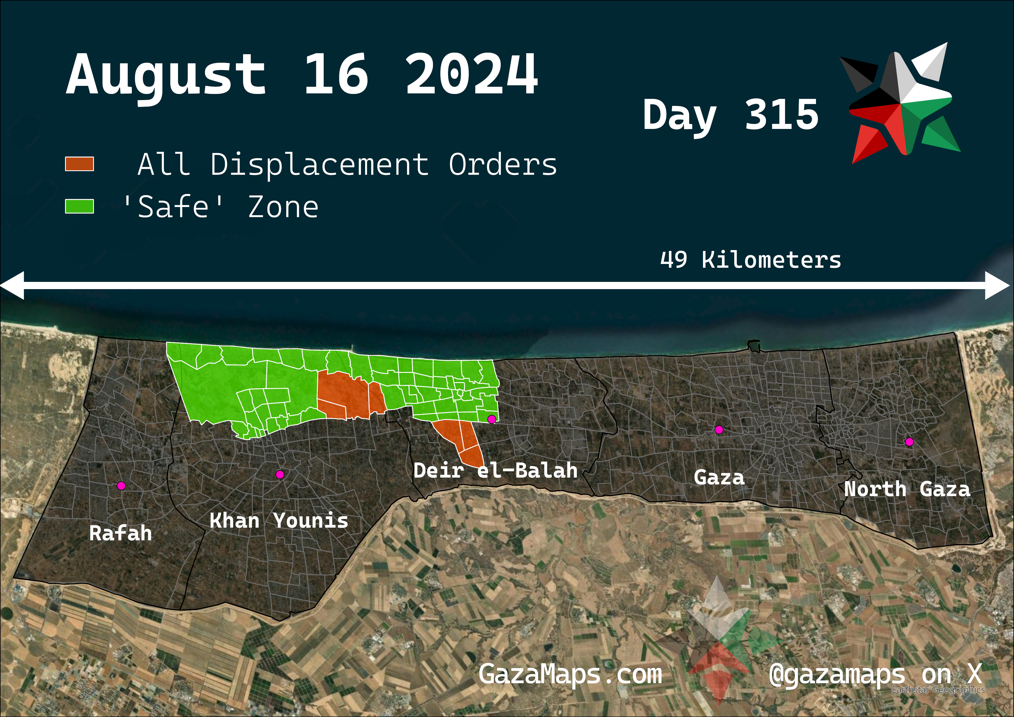 GazaMaps original map, based on IDF displacement order from 16 August, 2024