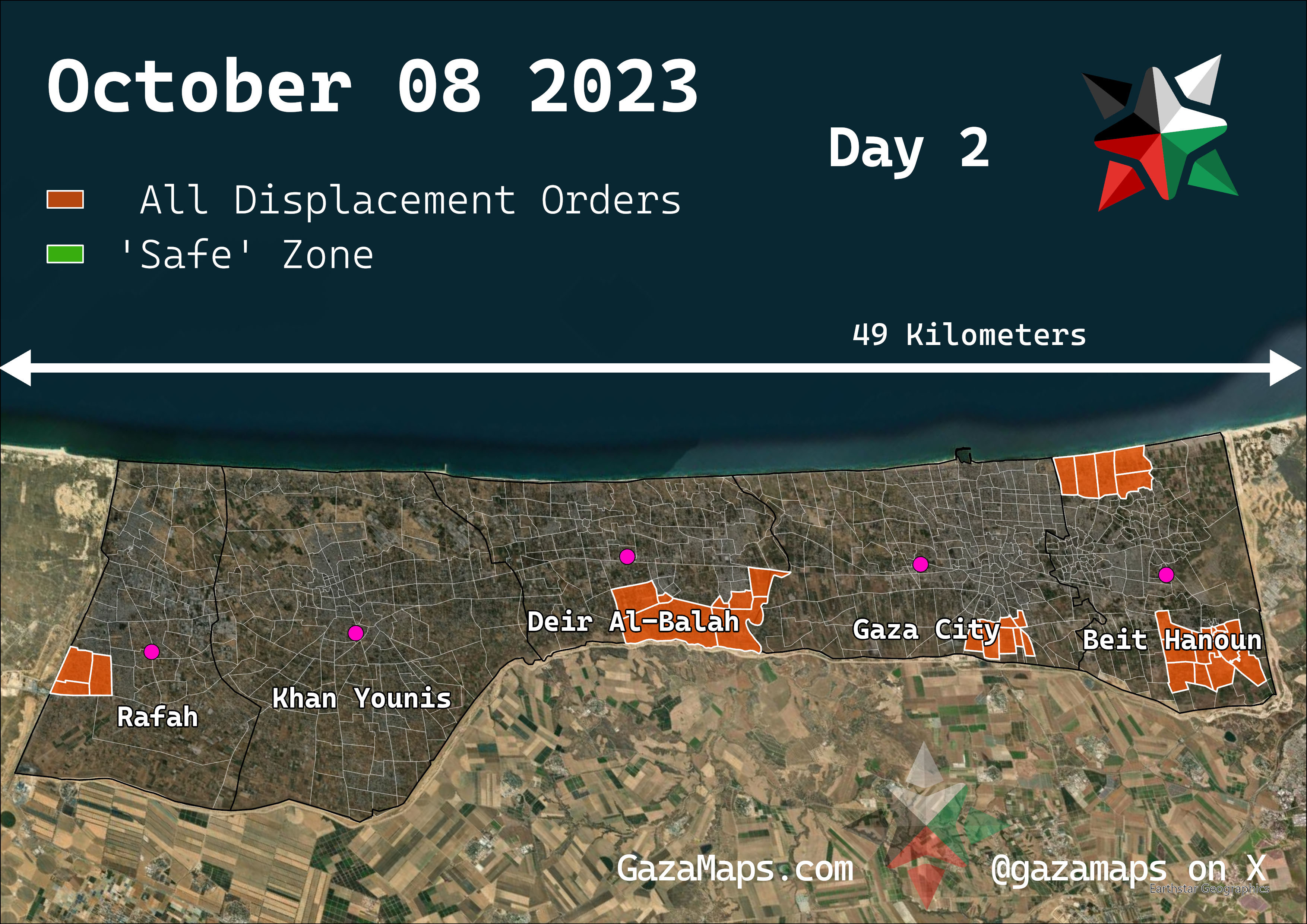 GazaMaps original map, based on IDF displacement order from 08 October 2023