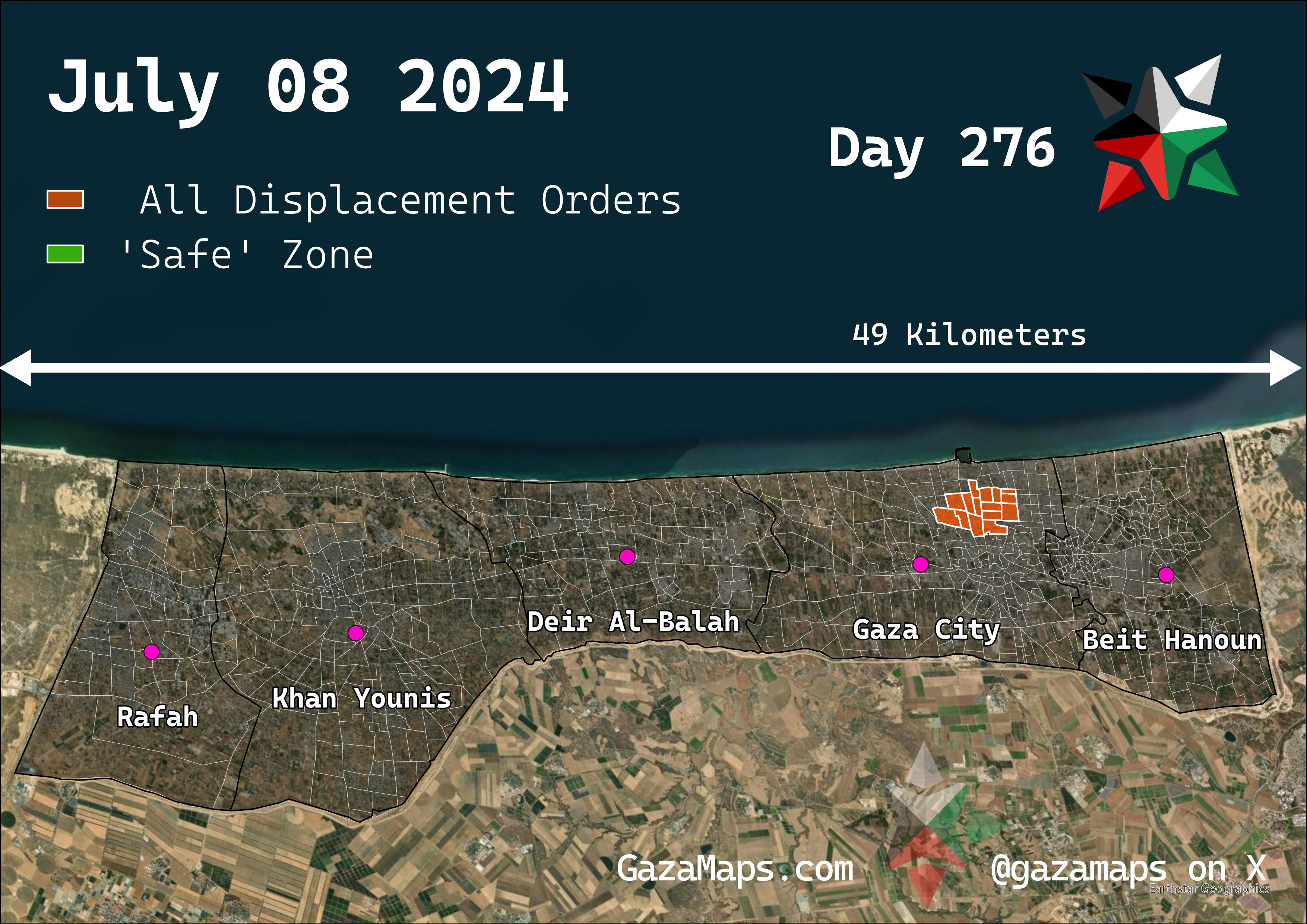 GazaMaps original map, based on IDF displacement order from 08 July 2024