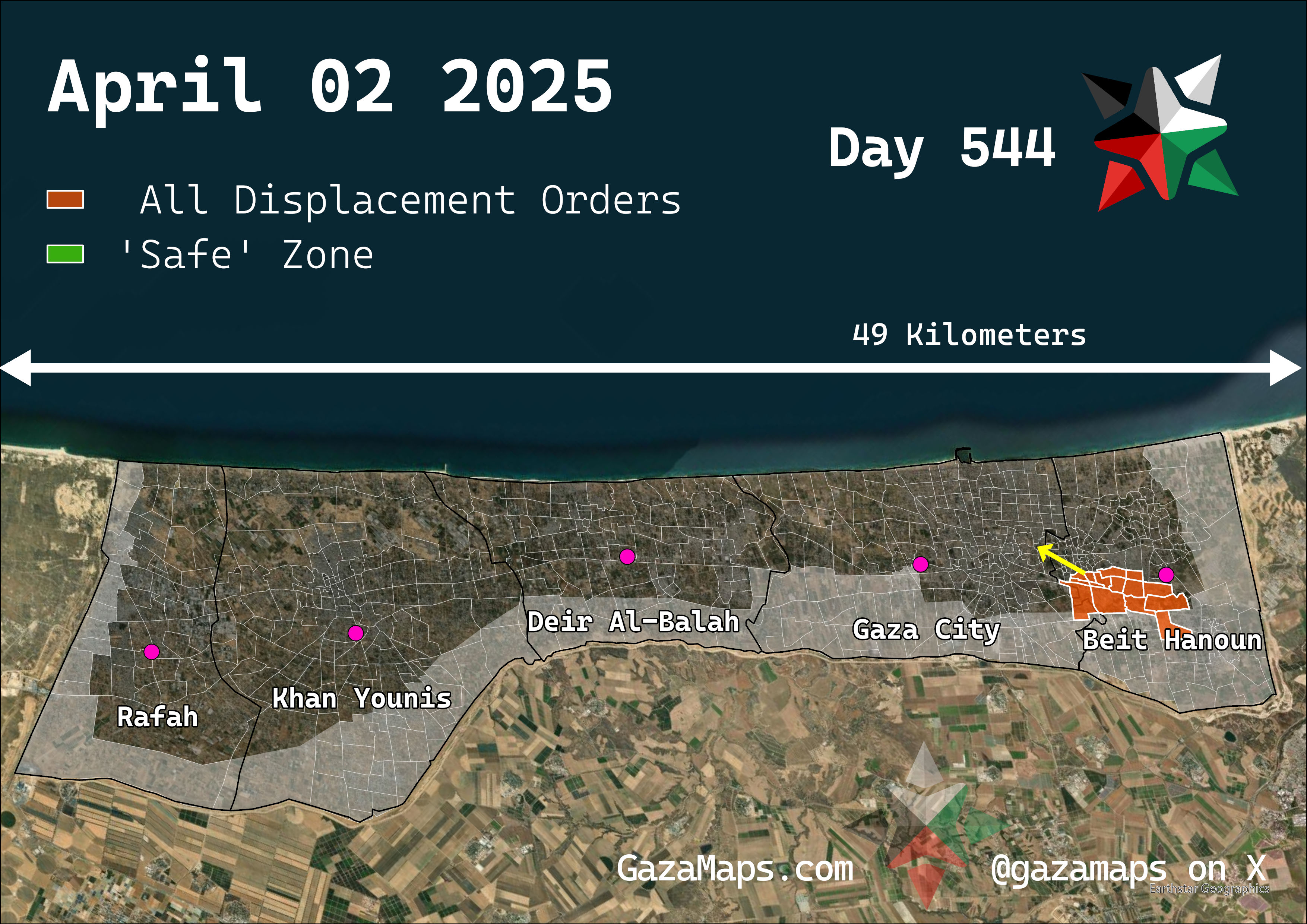 GazaMaps original map, based on IDF displacement order from 02 April 2025