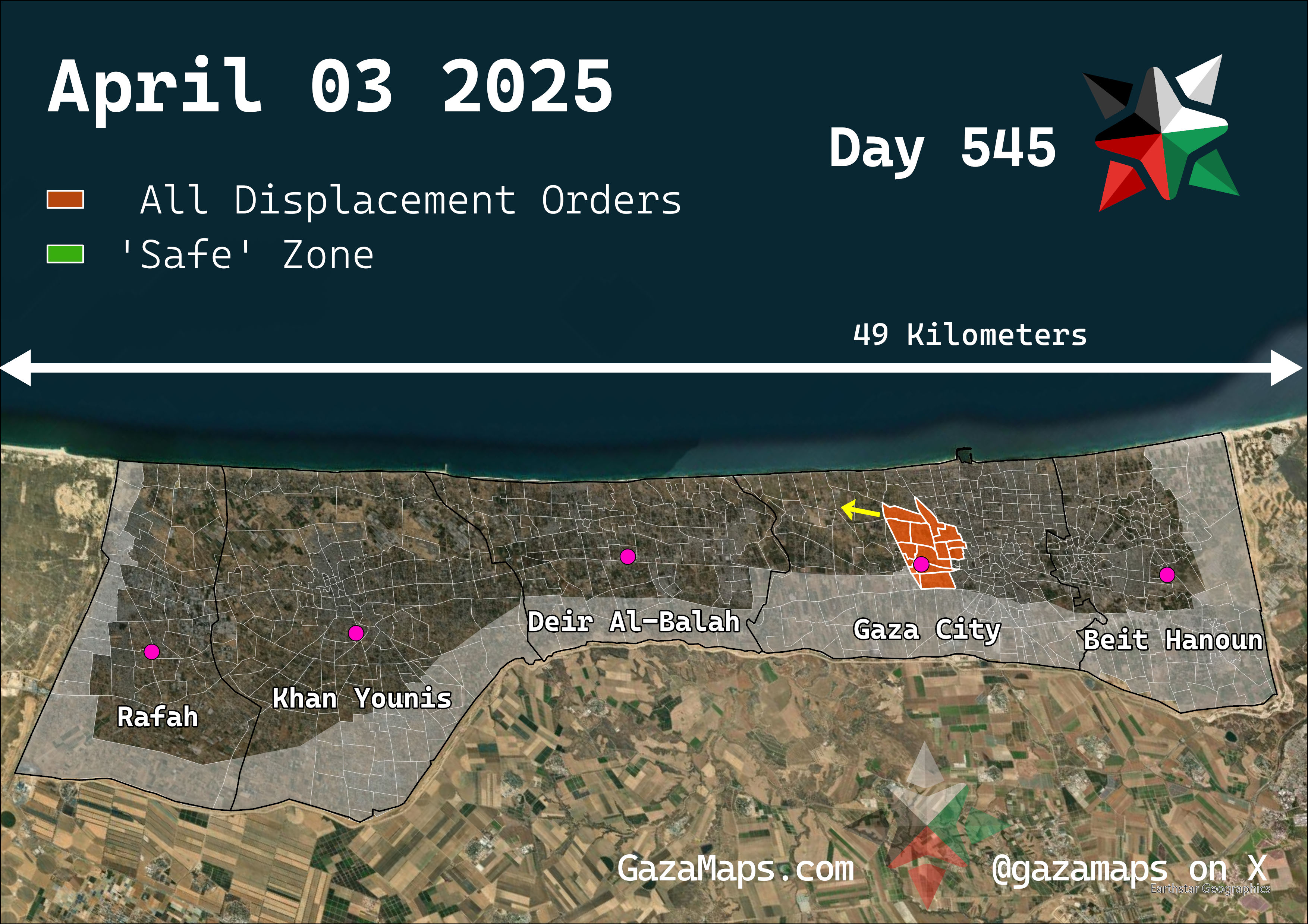 GazaMaps original map, based on IDF displacement order from 03 April 2025