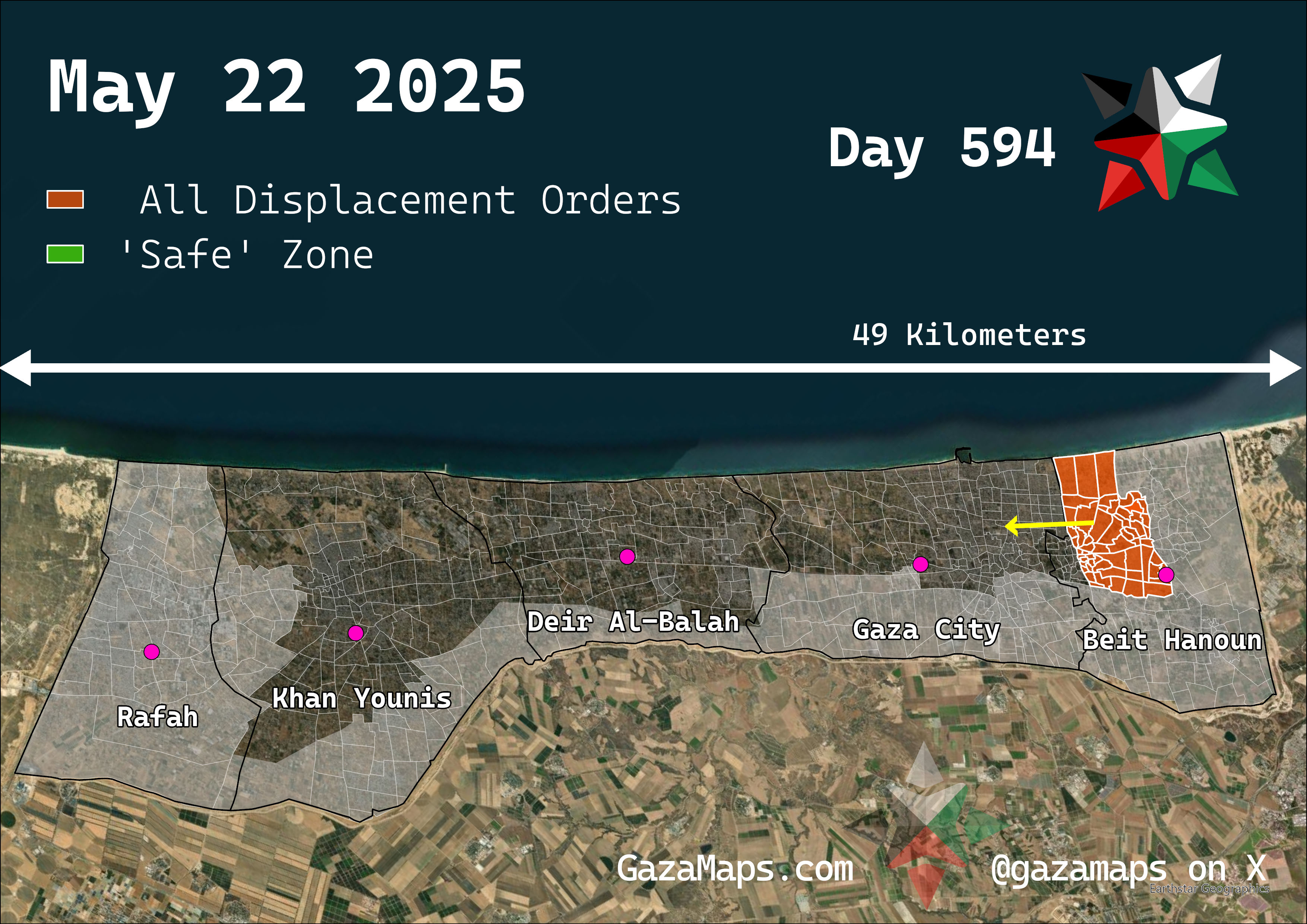 GazaMaps original map, based on IDF displacement order from 22 May 2025