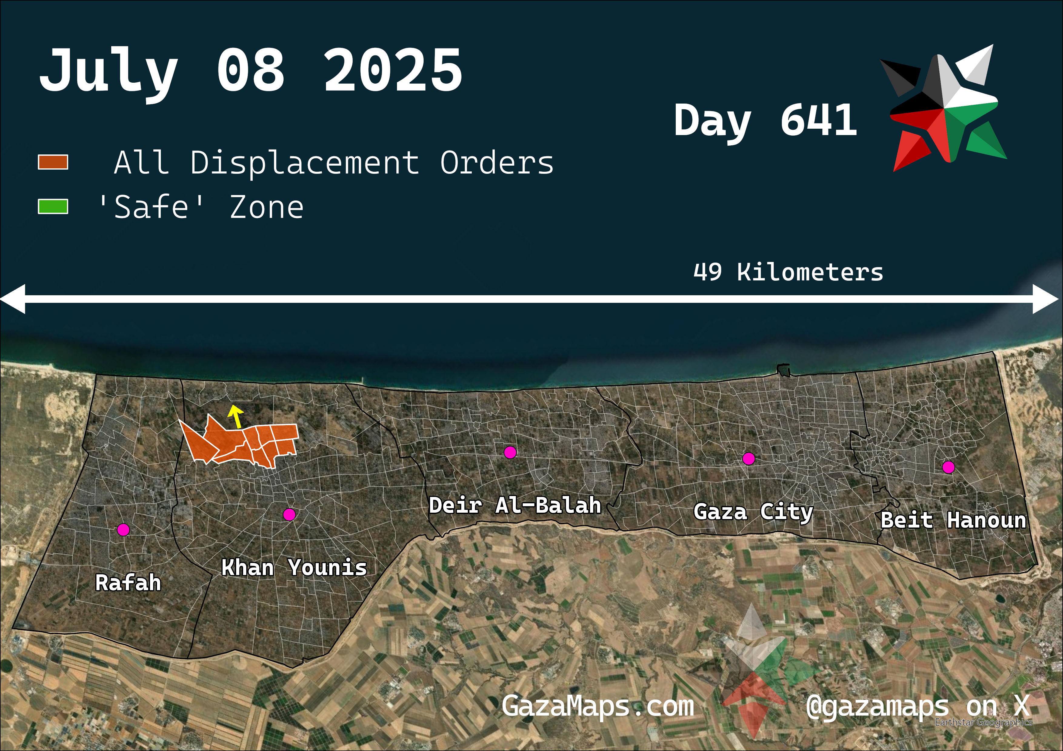 GazaMaps original map, based on IDF displacement order from 08 July, 2025
