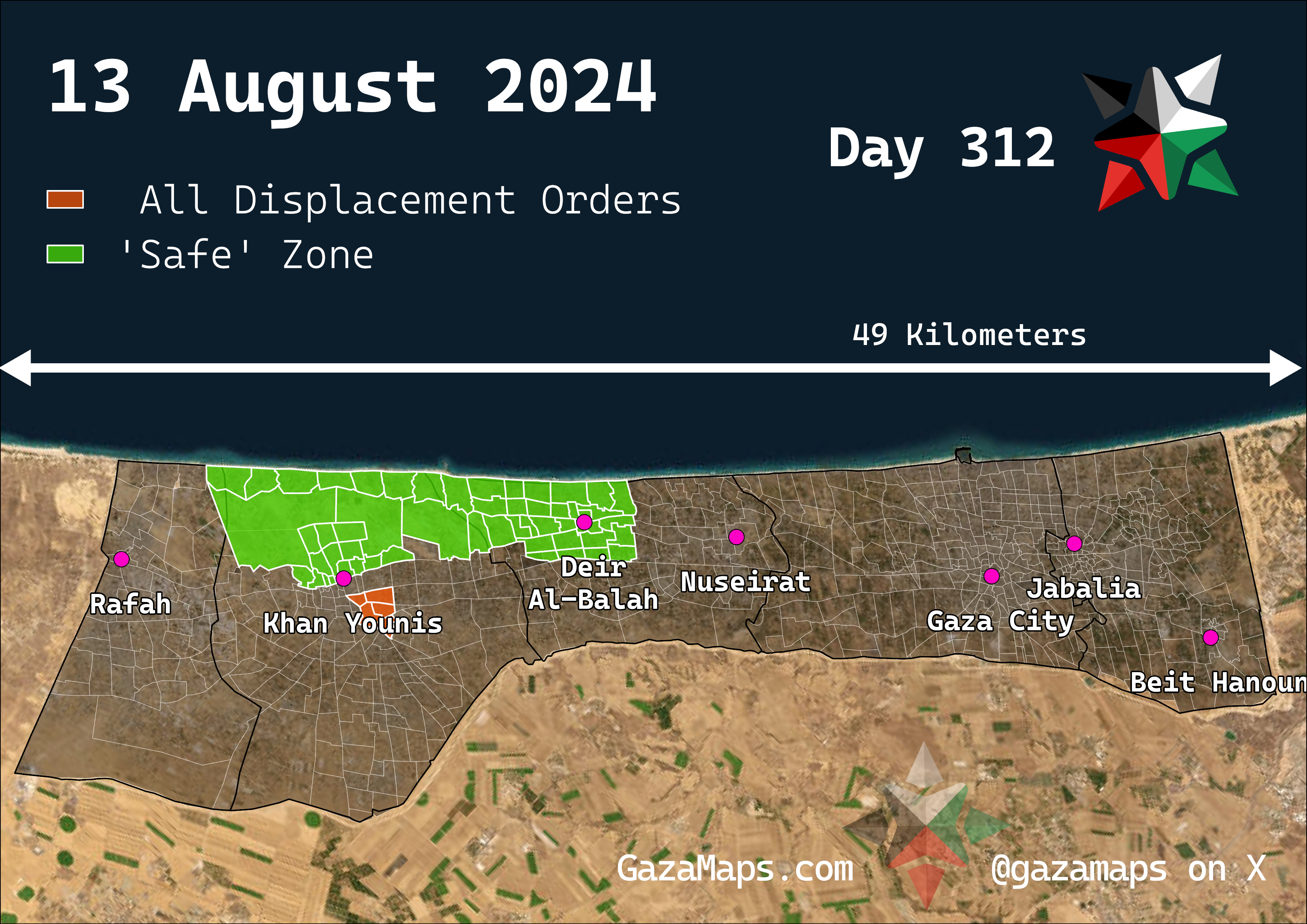 GazaMaps original map, based on IDF displacement order from 13 Aug 2024