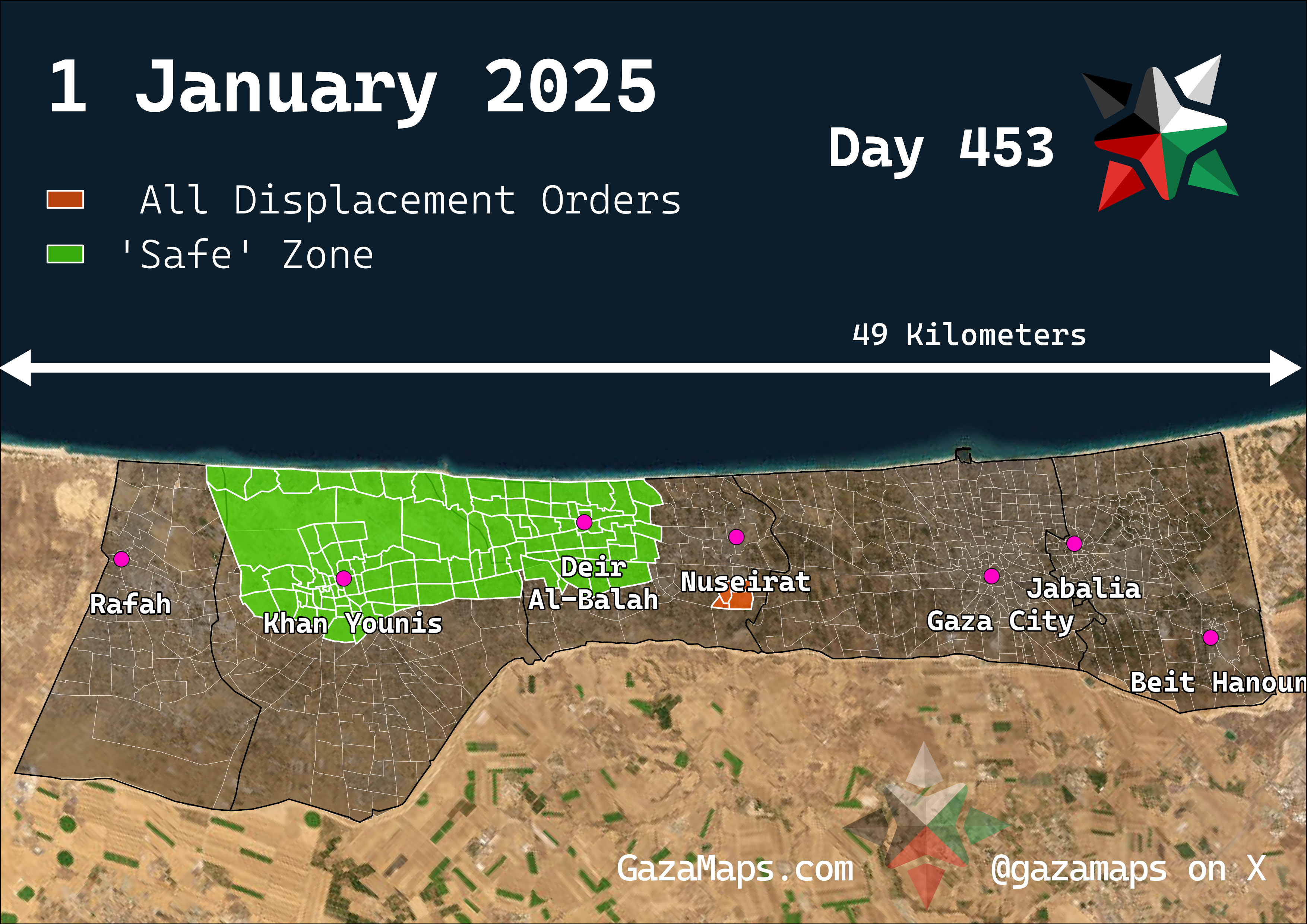 GazaMaps original map, based on IDF displacement order from 1 Jan 2025