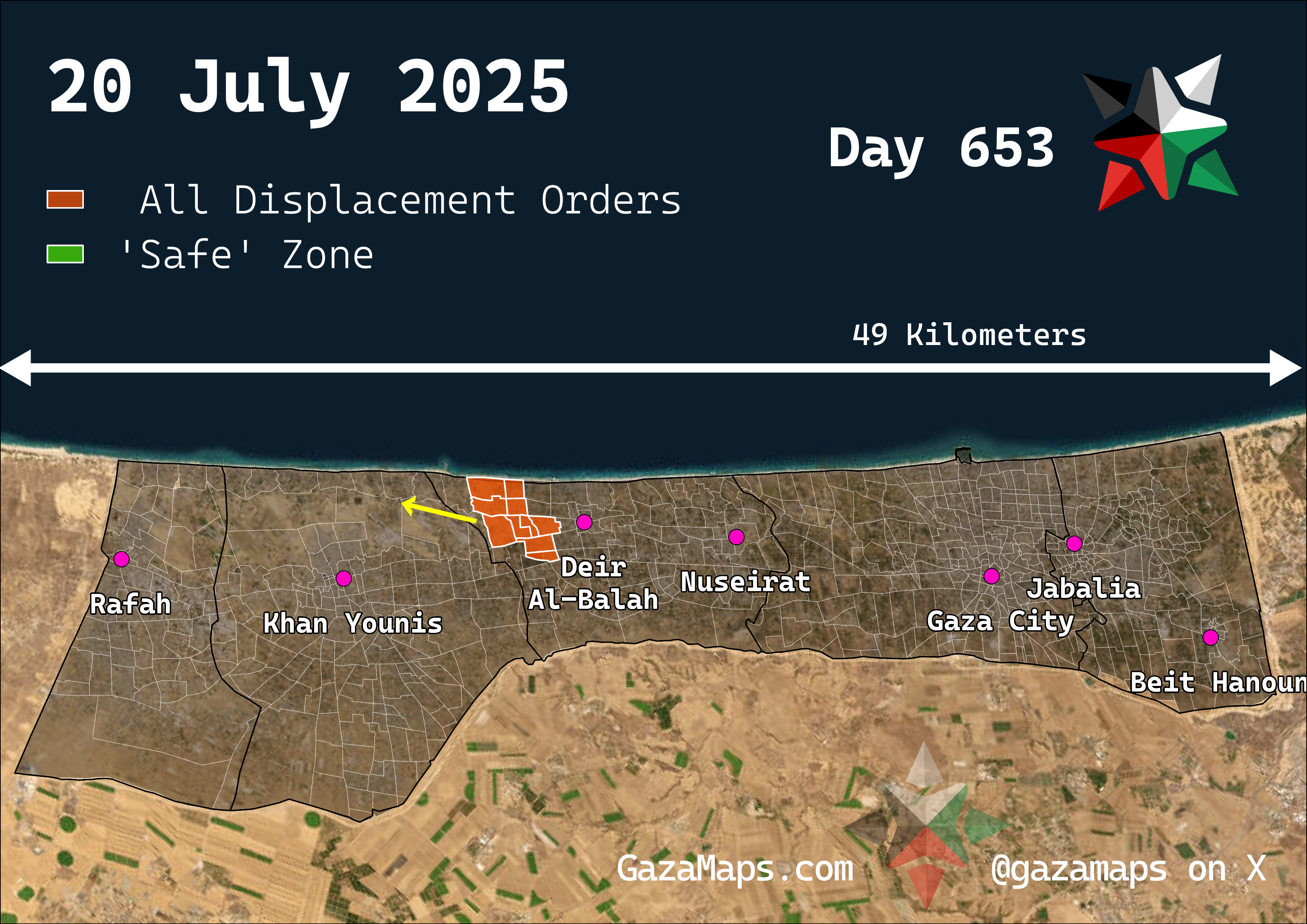 GazaMaps original map, based on IDF displacement order from 20 Jul 2025