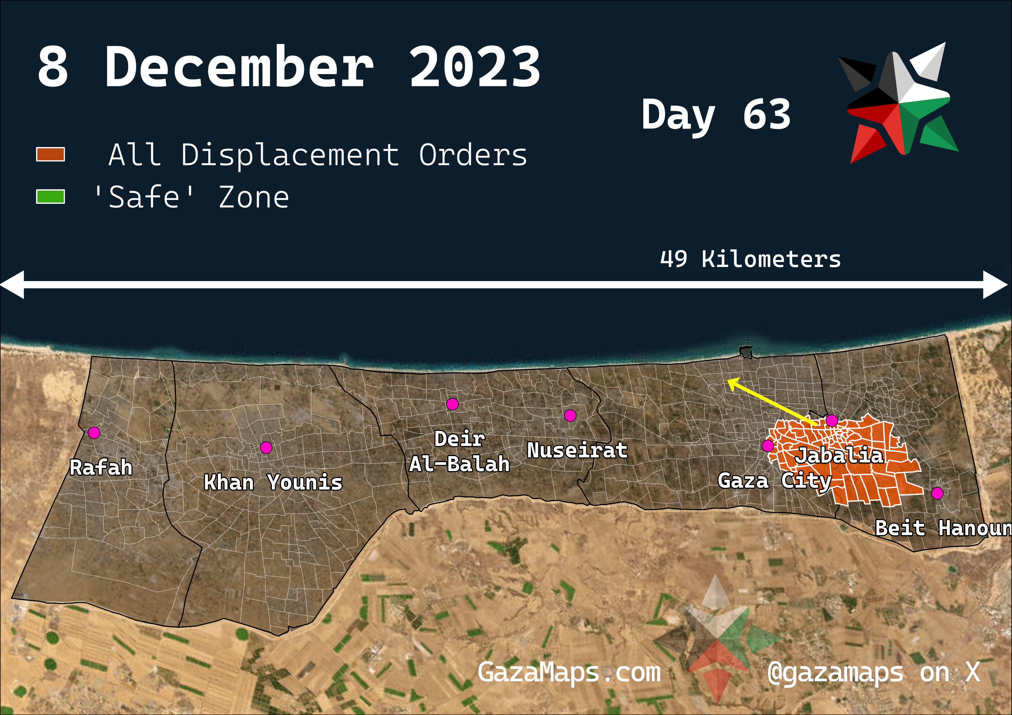 GazaMaps original map, based on IDF displacement order from 8 Dec 2023