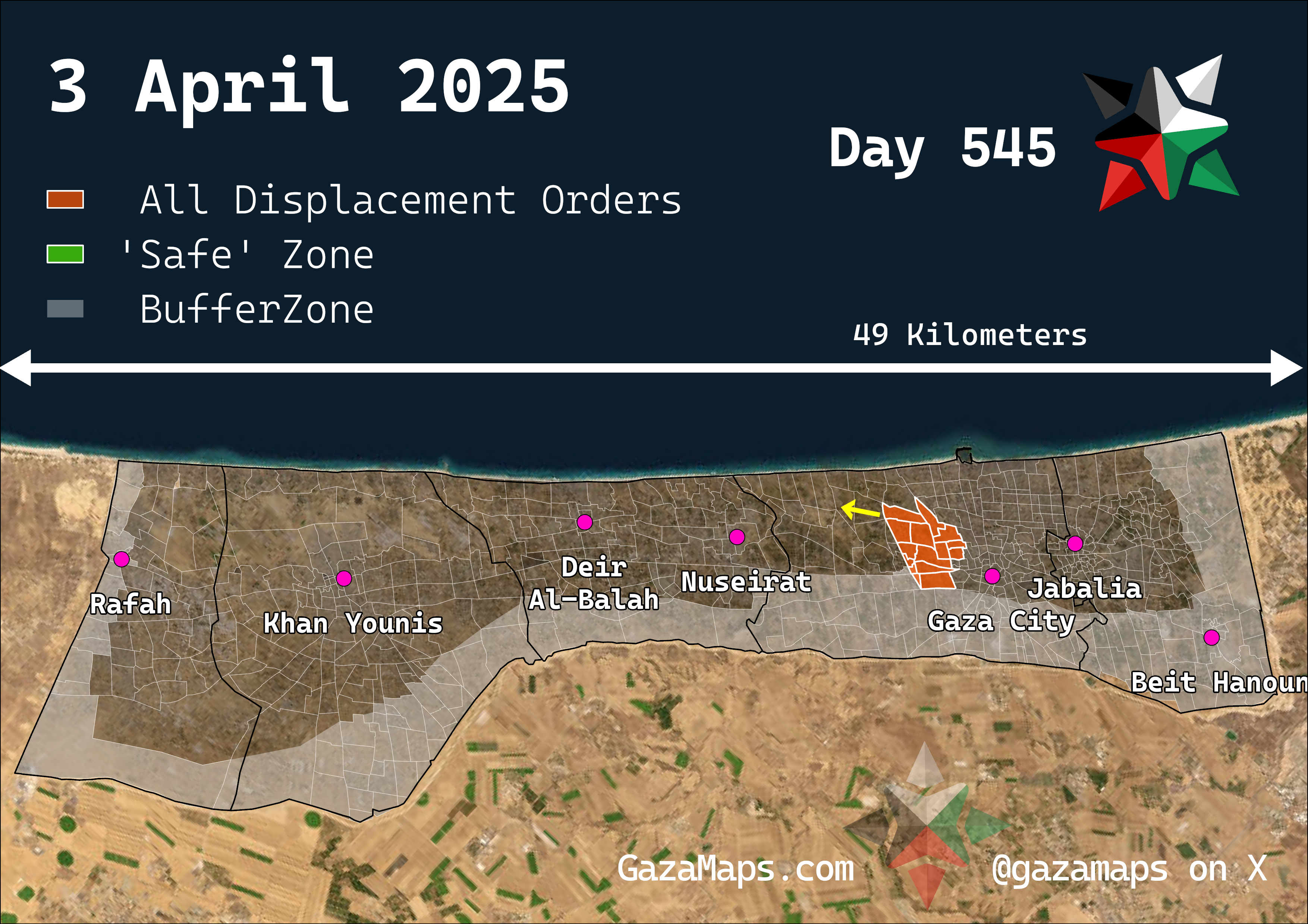 GazaMaps original map, based on IDF displacement order from 3 Apr 2025