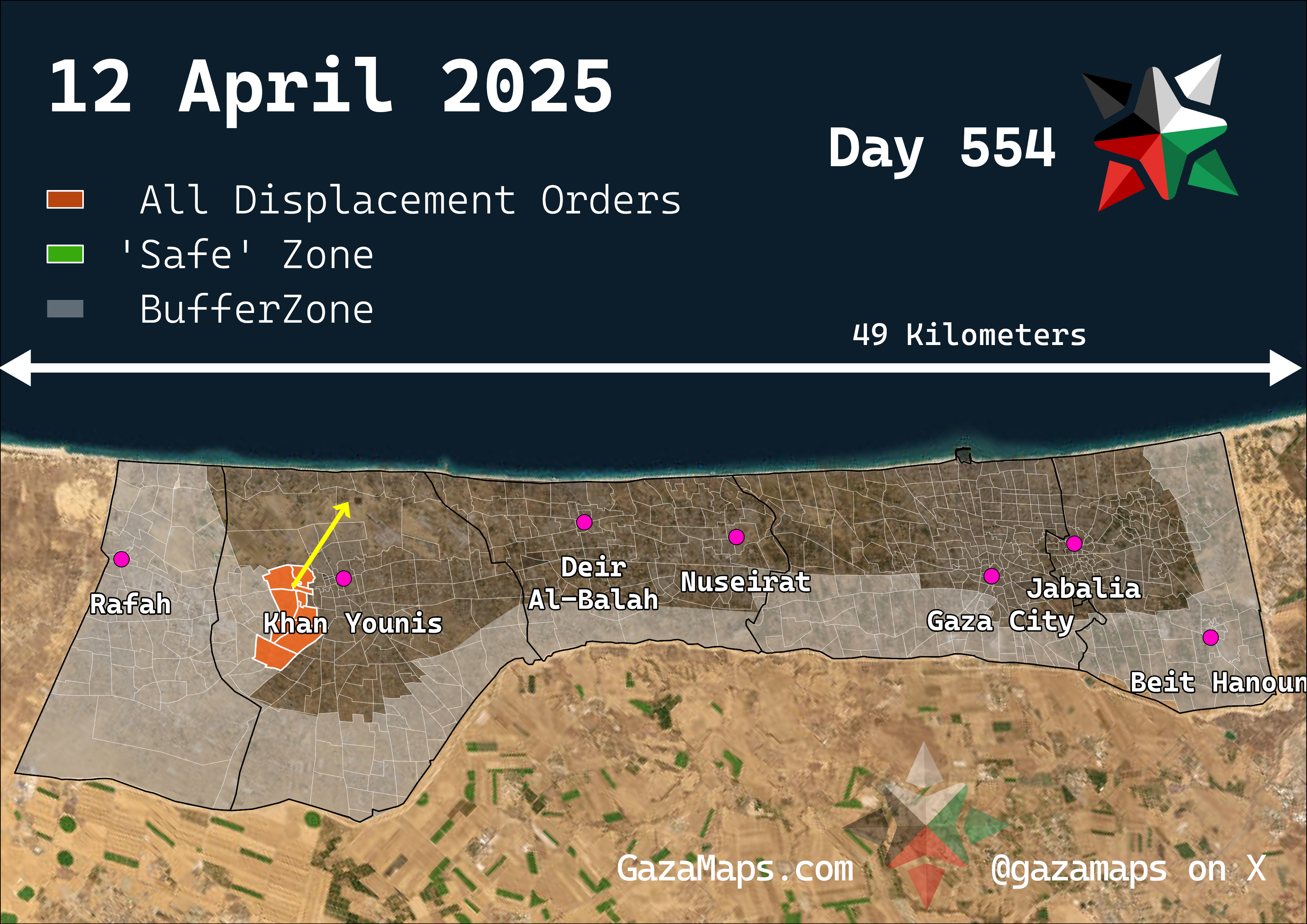 GazaMaps original map, based on IDF displacement order from 12 Apr 2025
