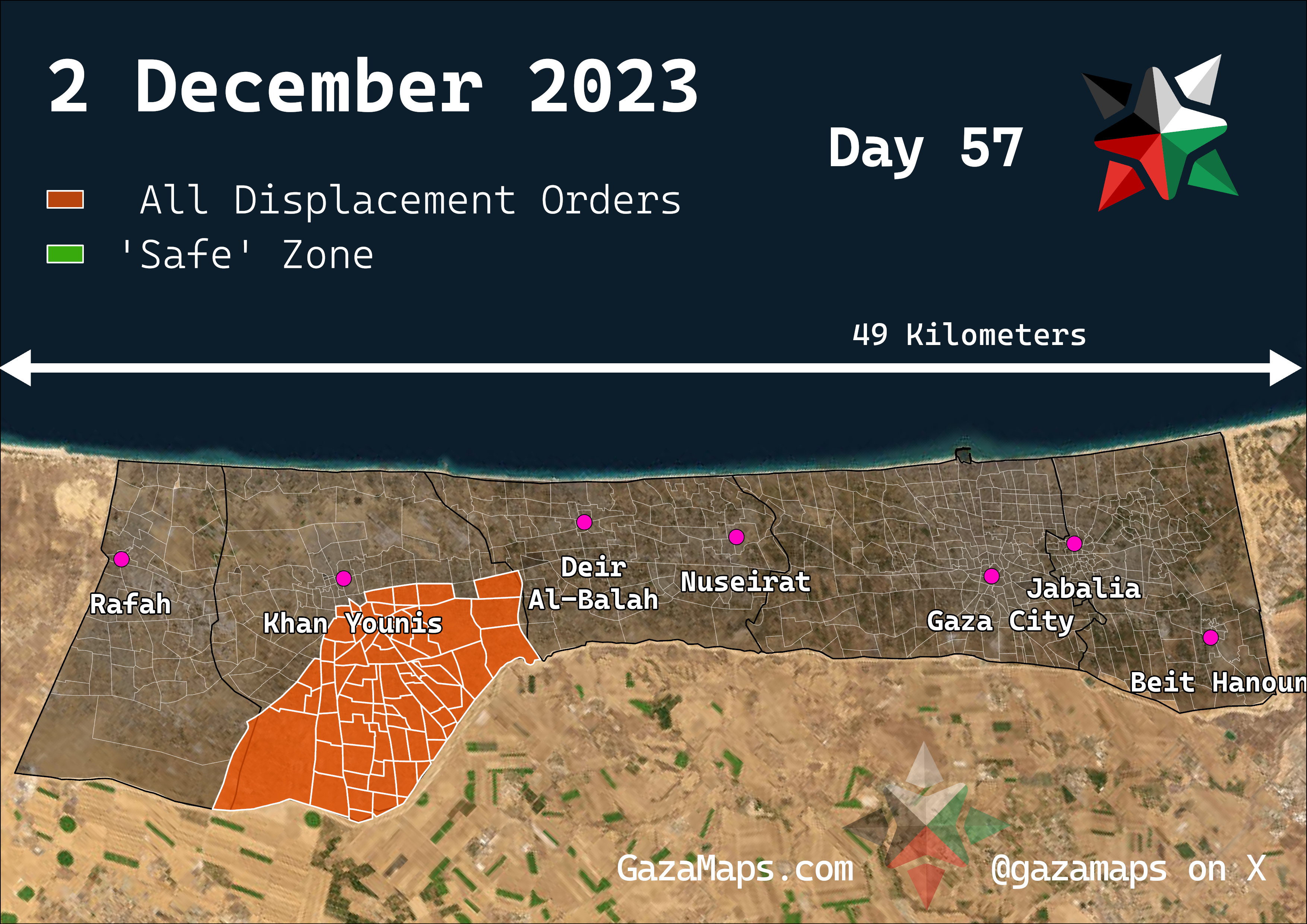 GazaMaps original map, based on IDF displacement order from 2 Dec 2023