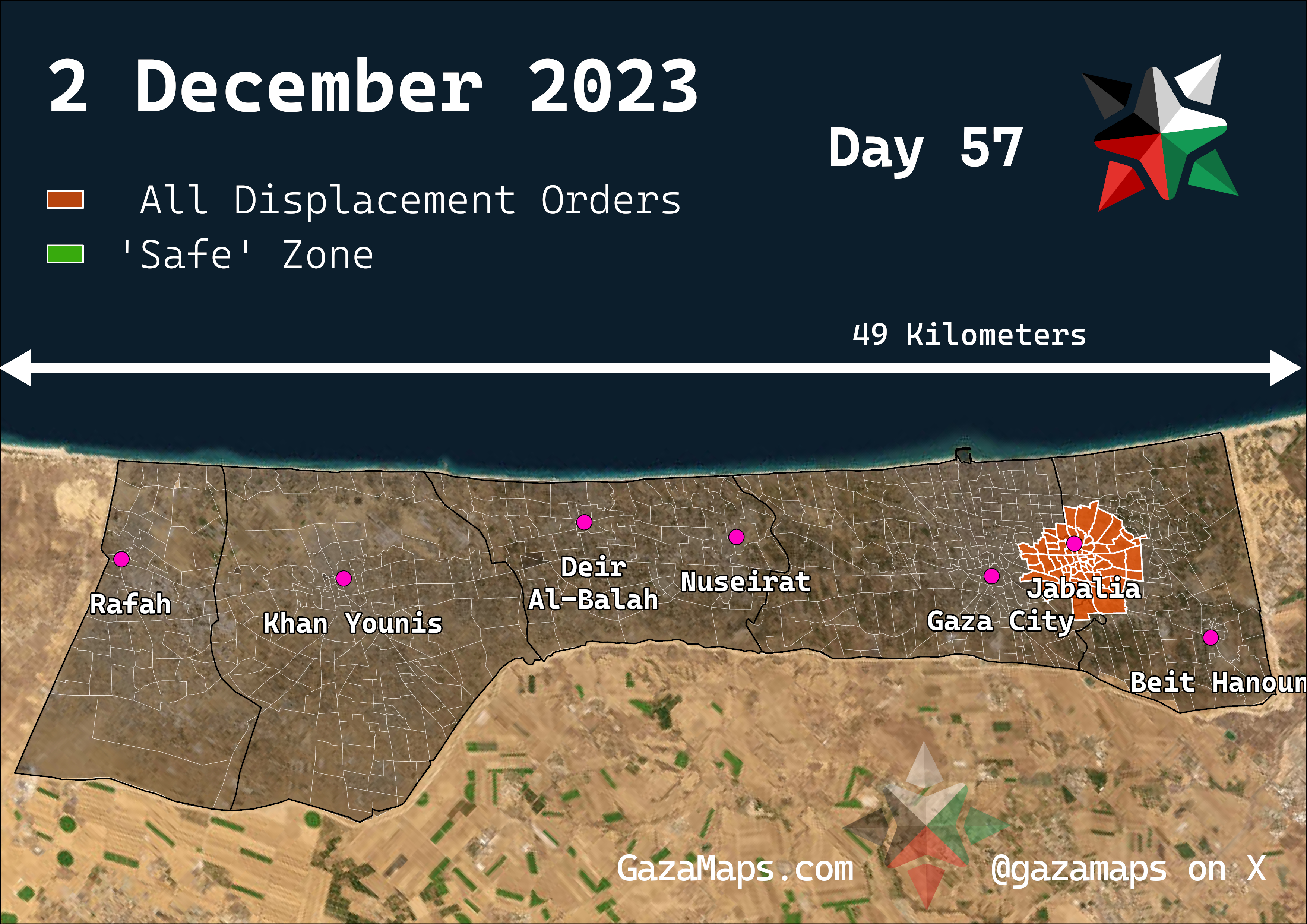 GazaMaps original map, based on IDF displacement order from 2 Dec 2023