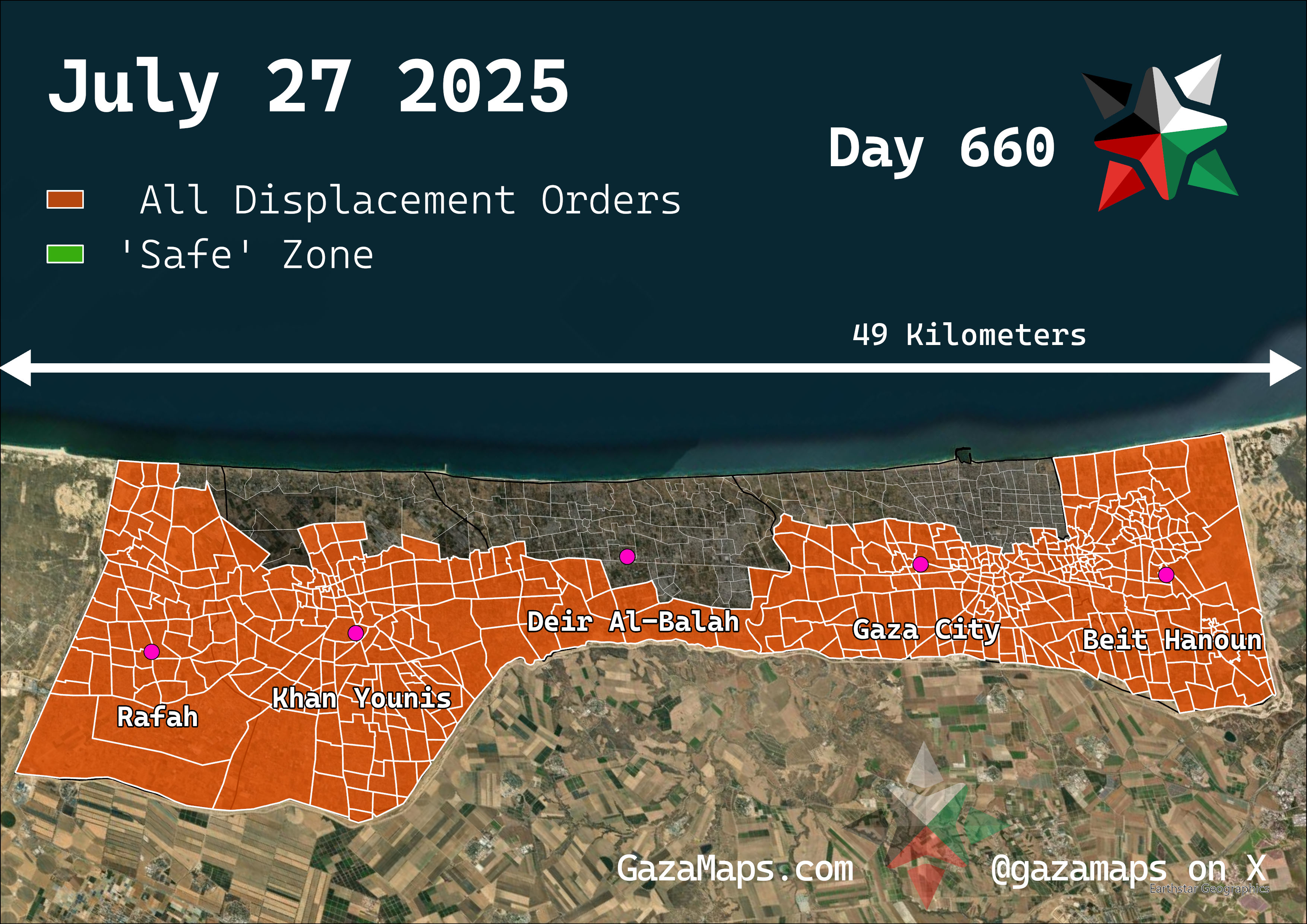 GazaMaps original map, based on IDF displacement order from 27 July, 2025