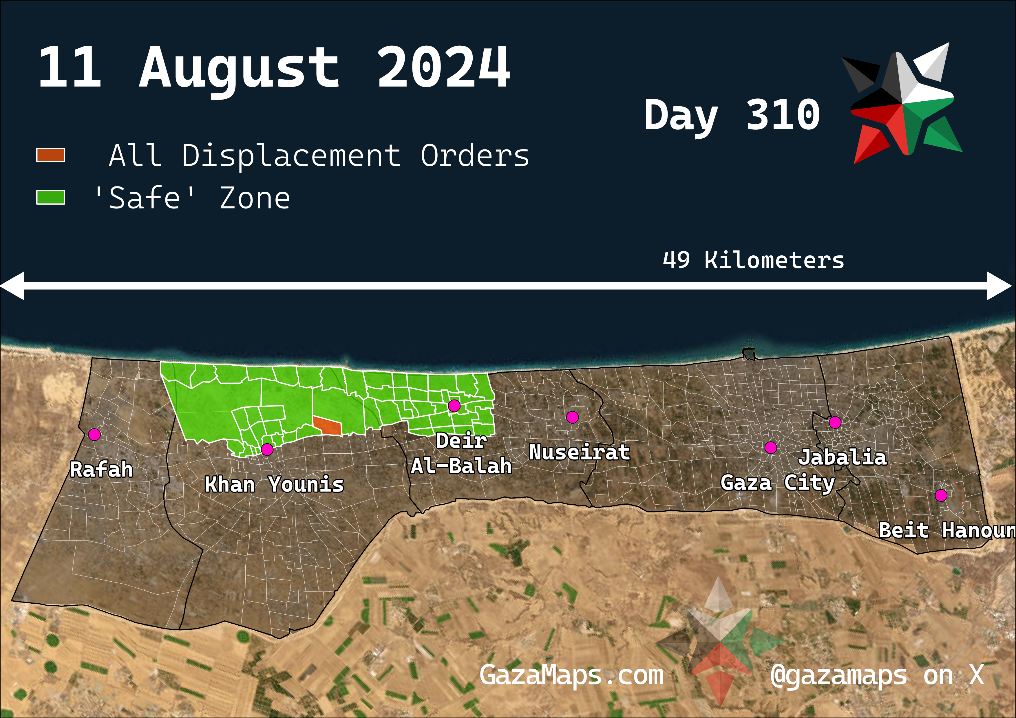 GazaMaps original map, based on IDF displacement order from 11 Aug 2024