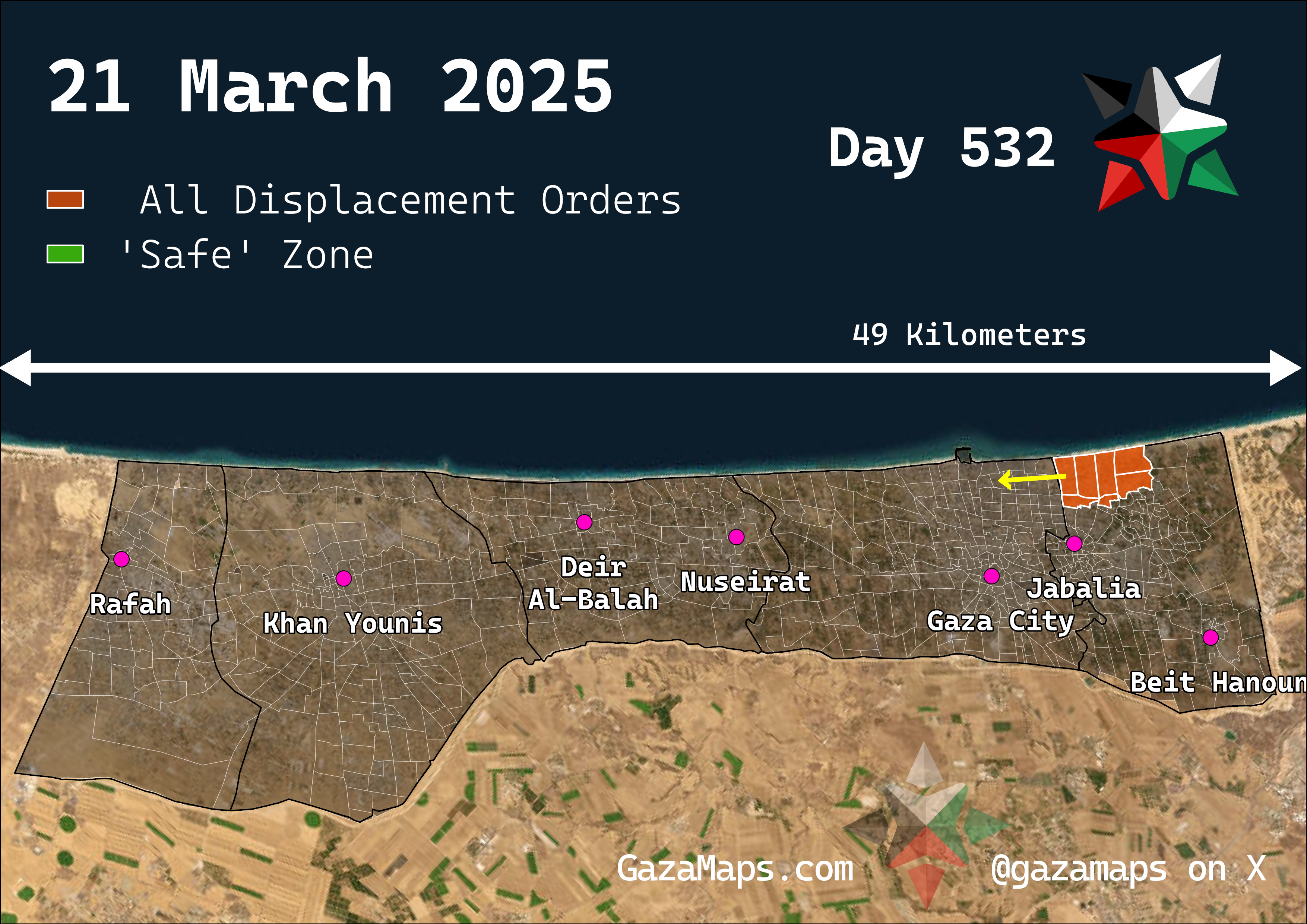 GazaMaps original map, based on IDF displacement order from 21 Mar 2025