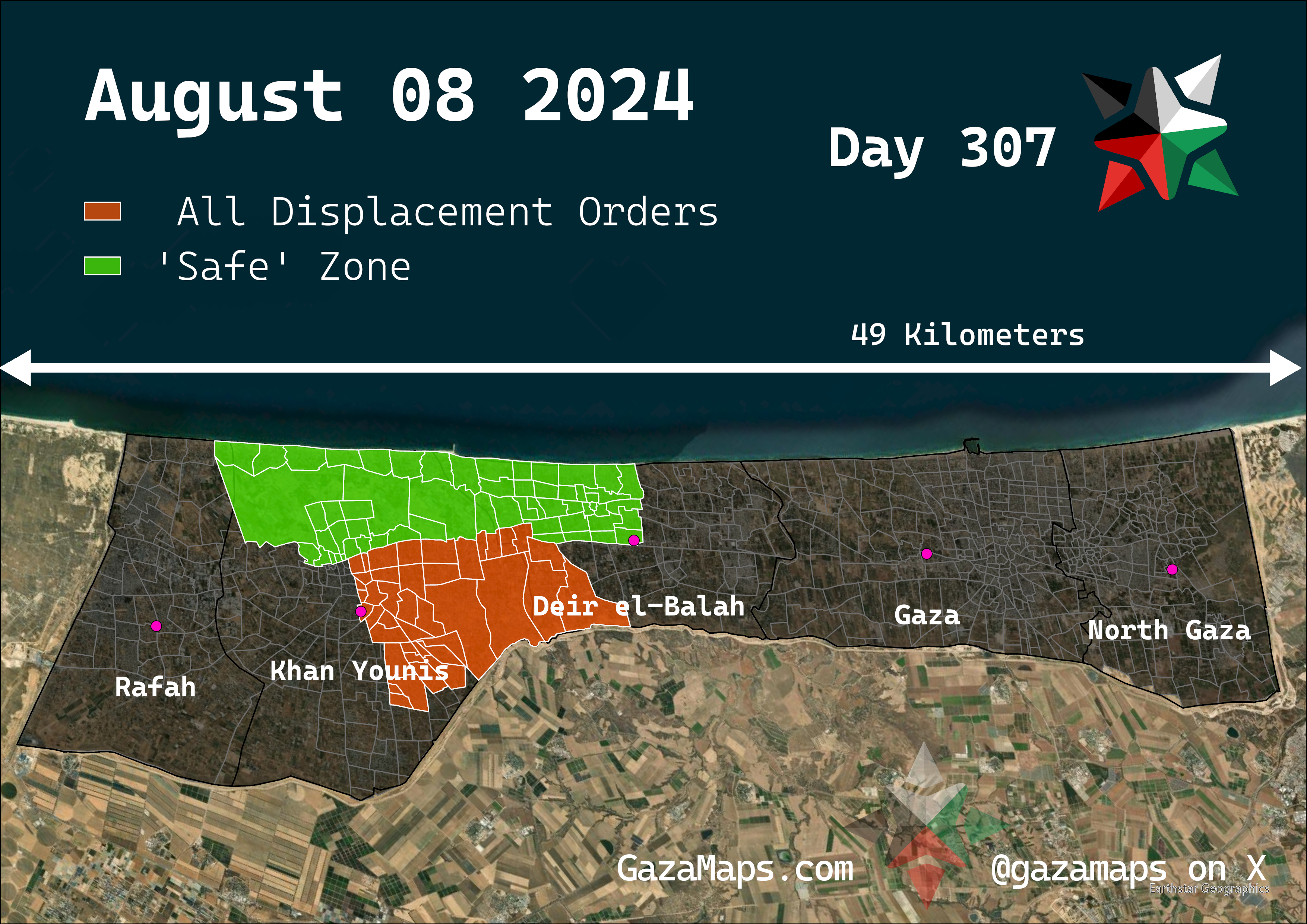 GazaMaps original map, based on IDF displacement order from 08 August, 2024