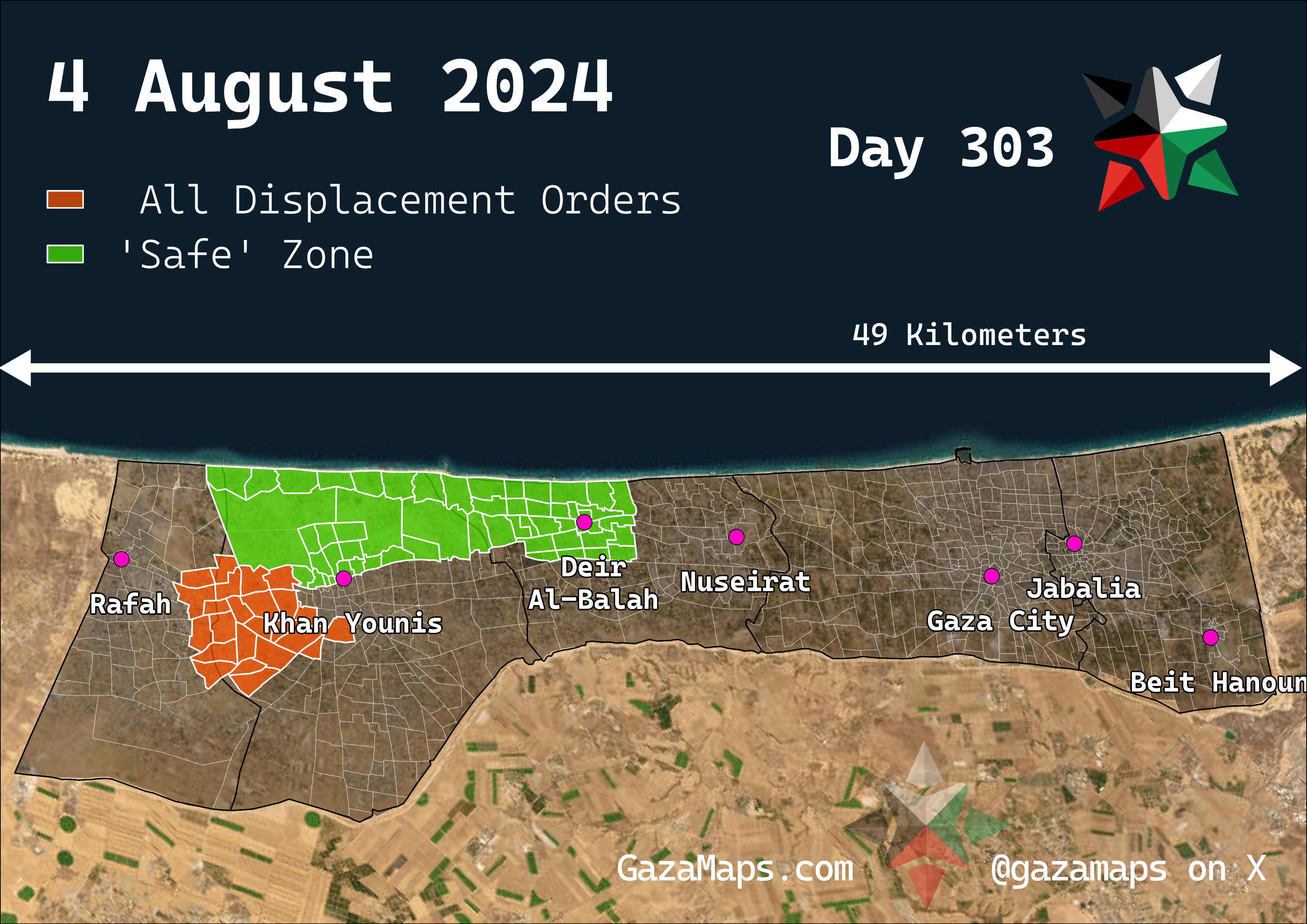 GazaMaps original map, based on IDF displacement order from 4 Aug 2024