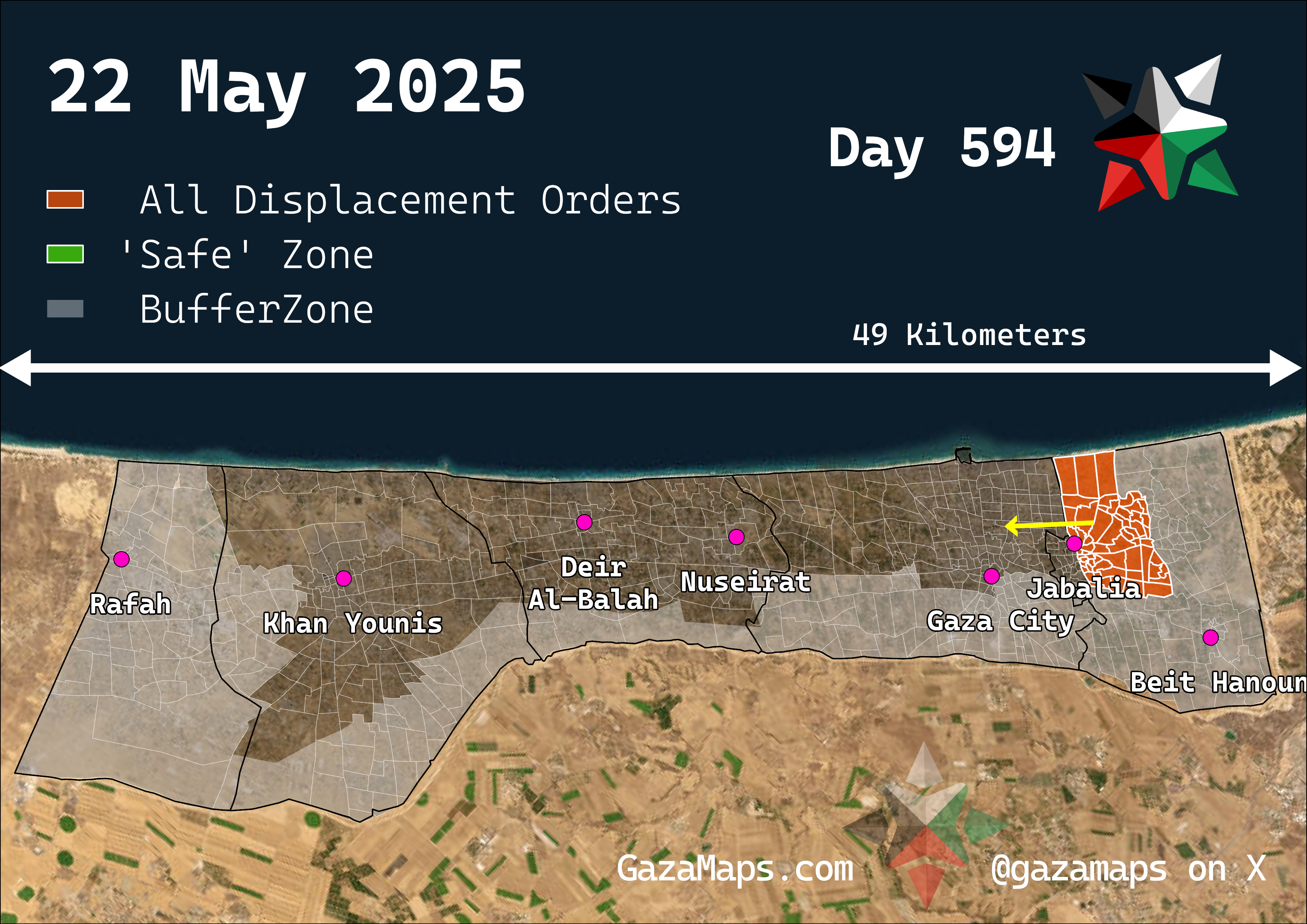 GazaMaps original map, based on IDF displacement order from 22 May 2025
