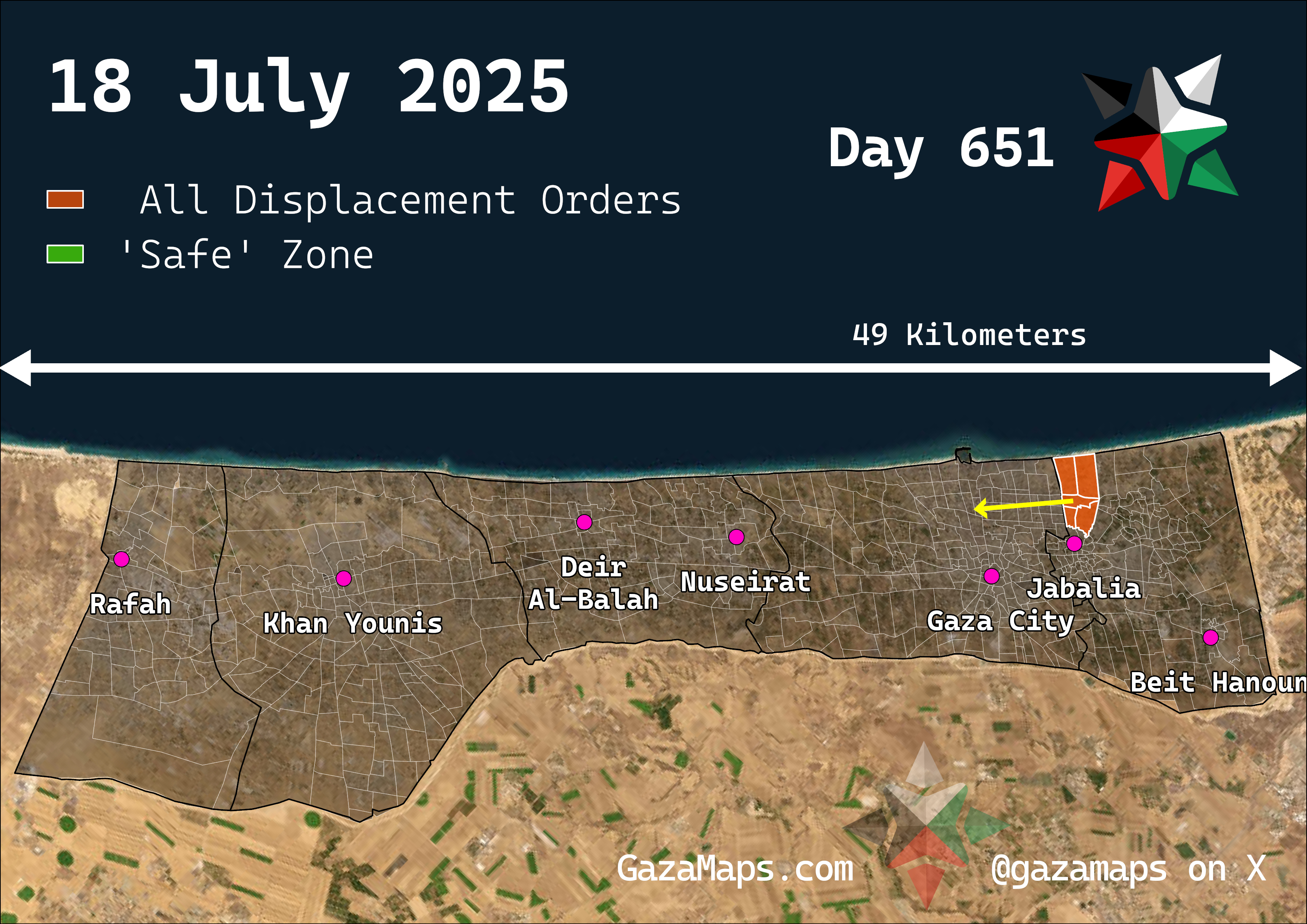 GazaMaps original map, based on IDF displacement order from 18 Jul 2025