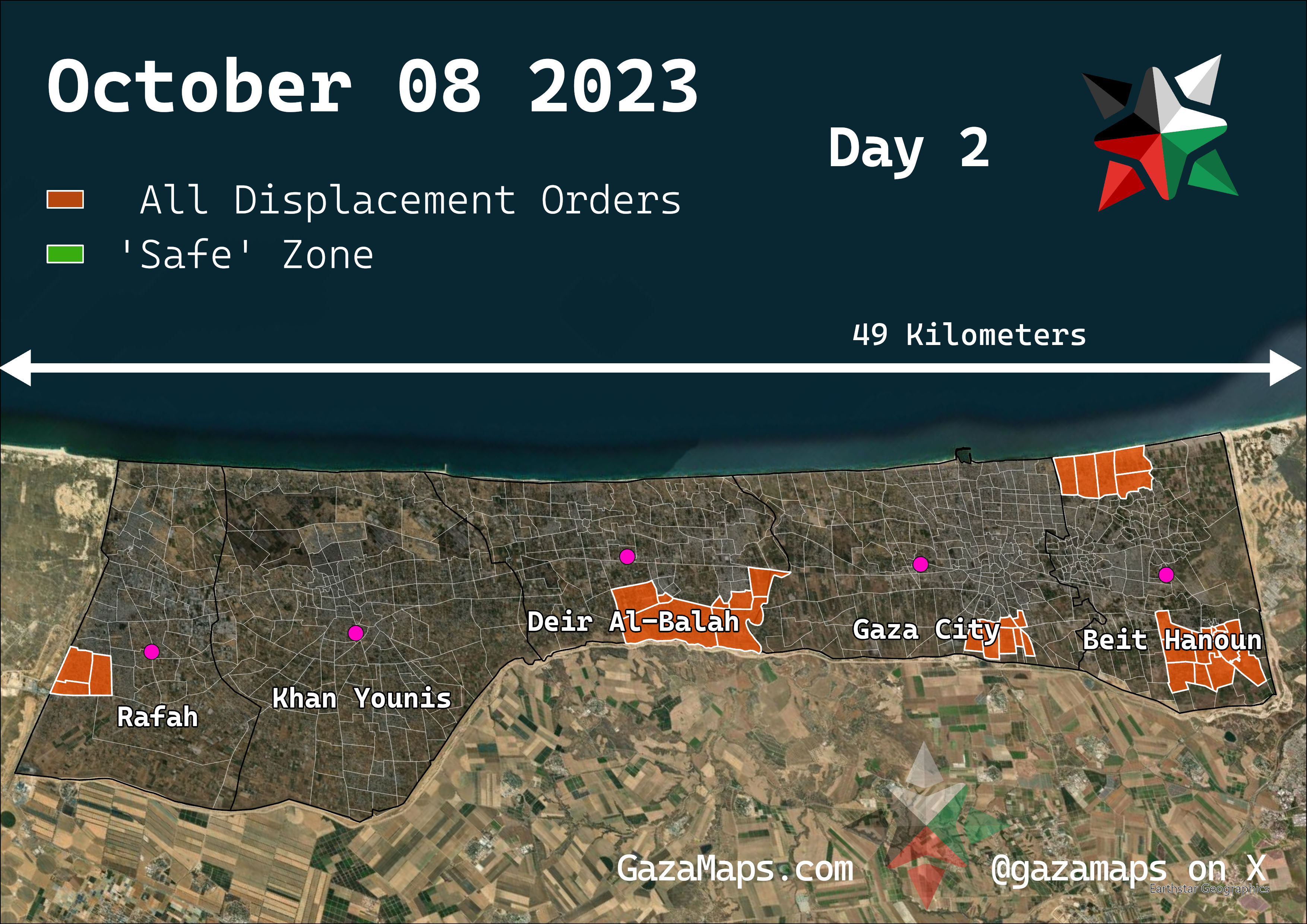GazaMaps original map, based on IDF displacement order from 09 October, 2023