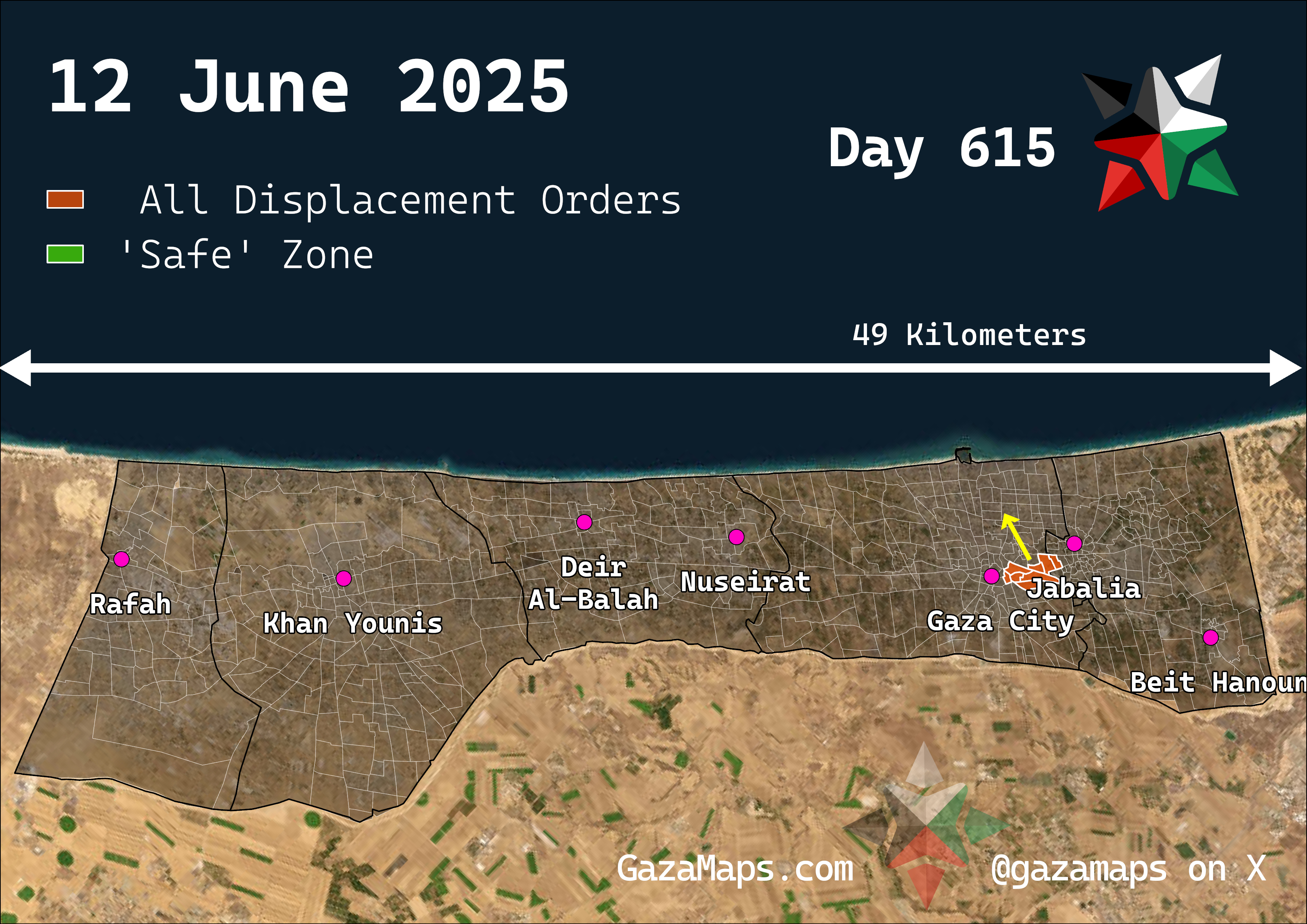 GazaMaps original map, based on IDF displacement order from 12 Jun 2025