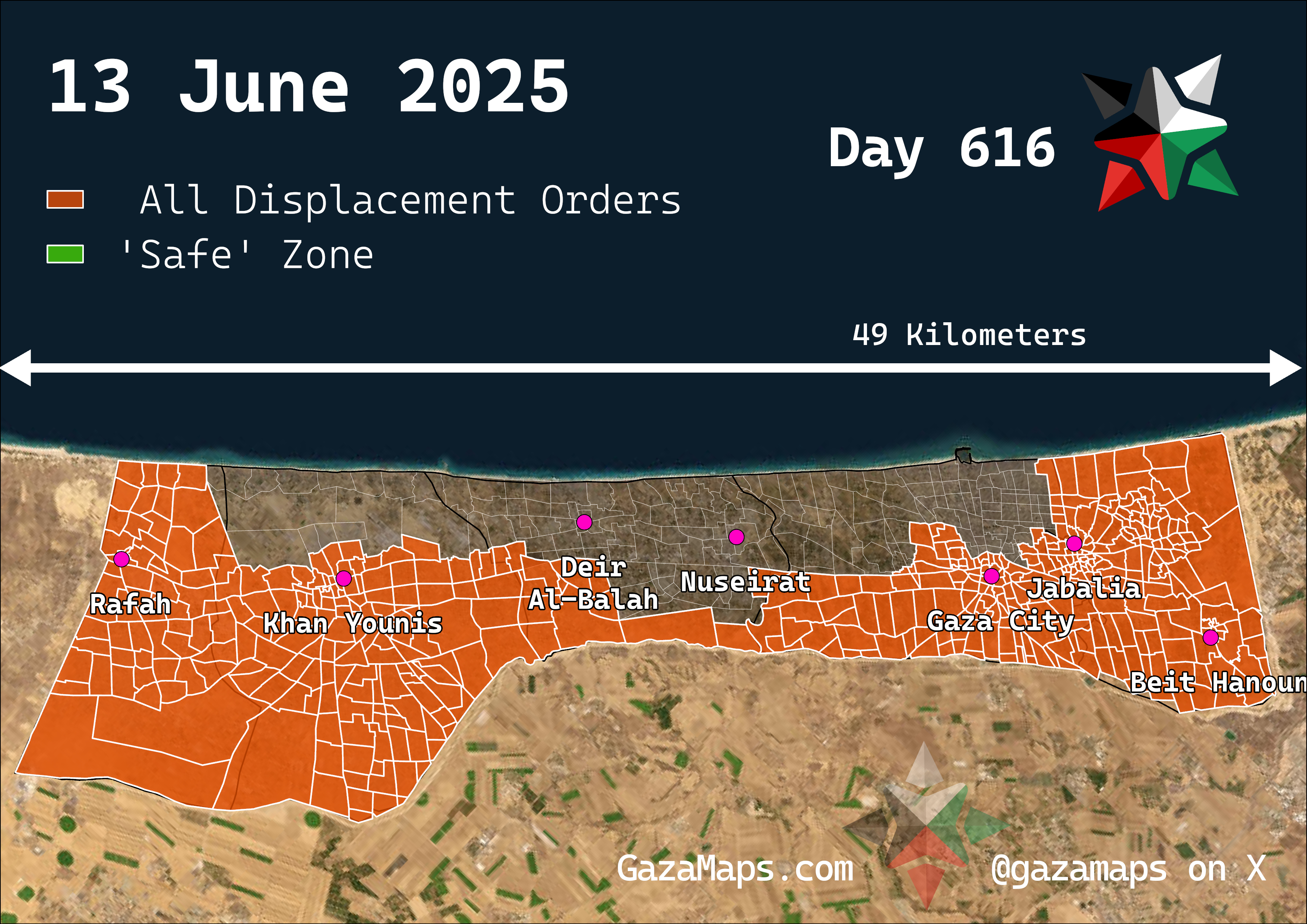 GazaMaps original map, based on IDF displacement order from 13 Jun 2025