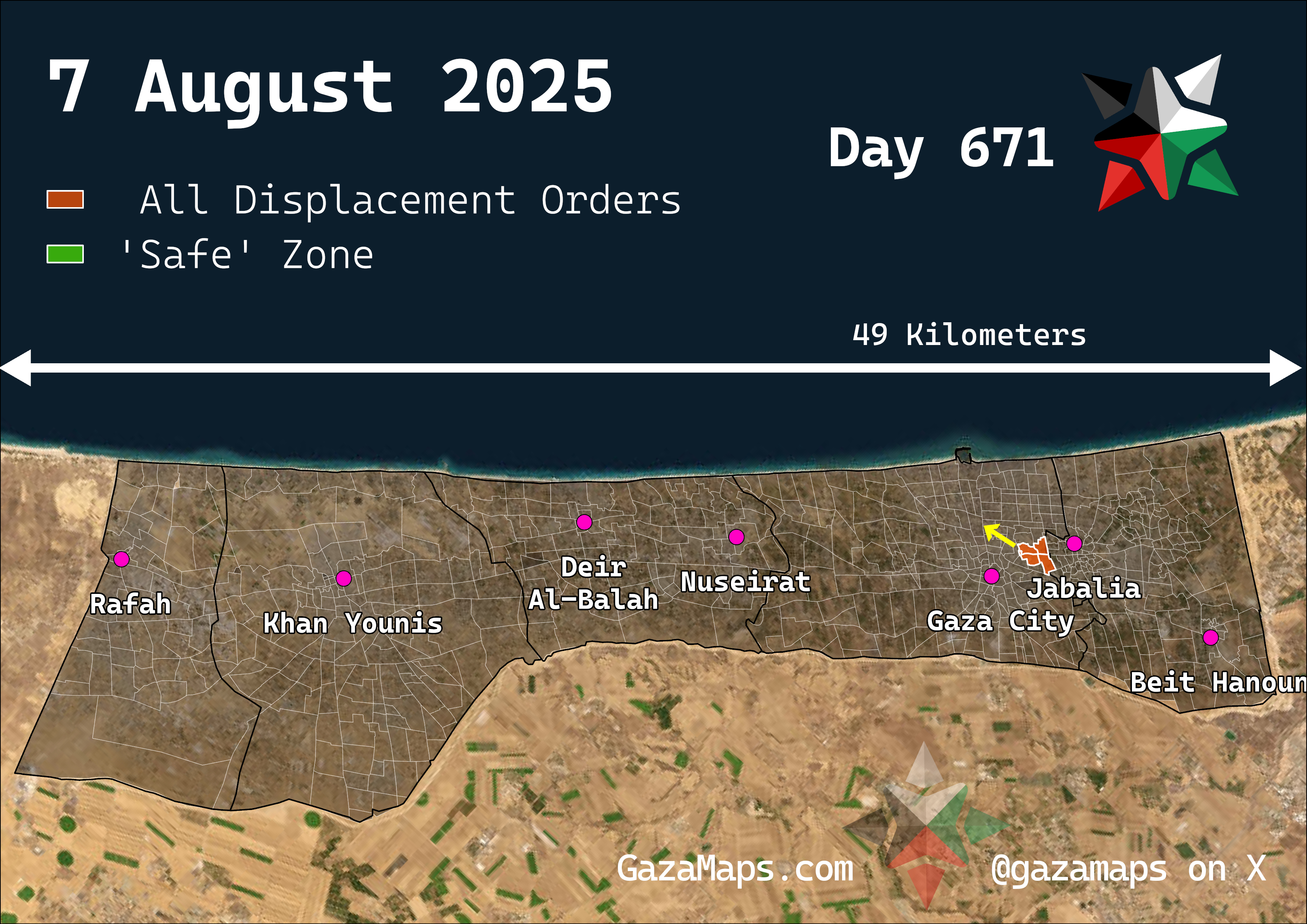 GazaMaps original map, based on IDF displacement order from 7 Aug 2025