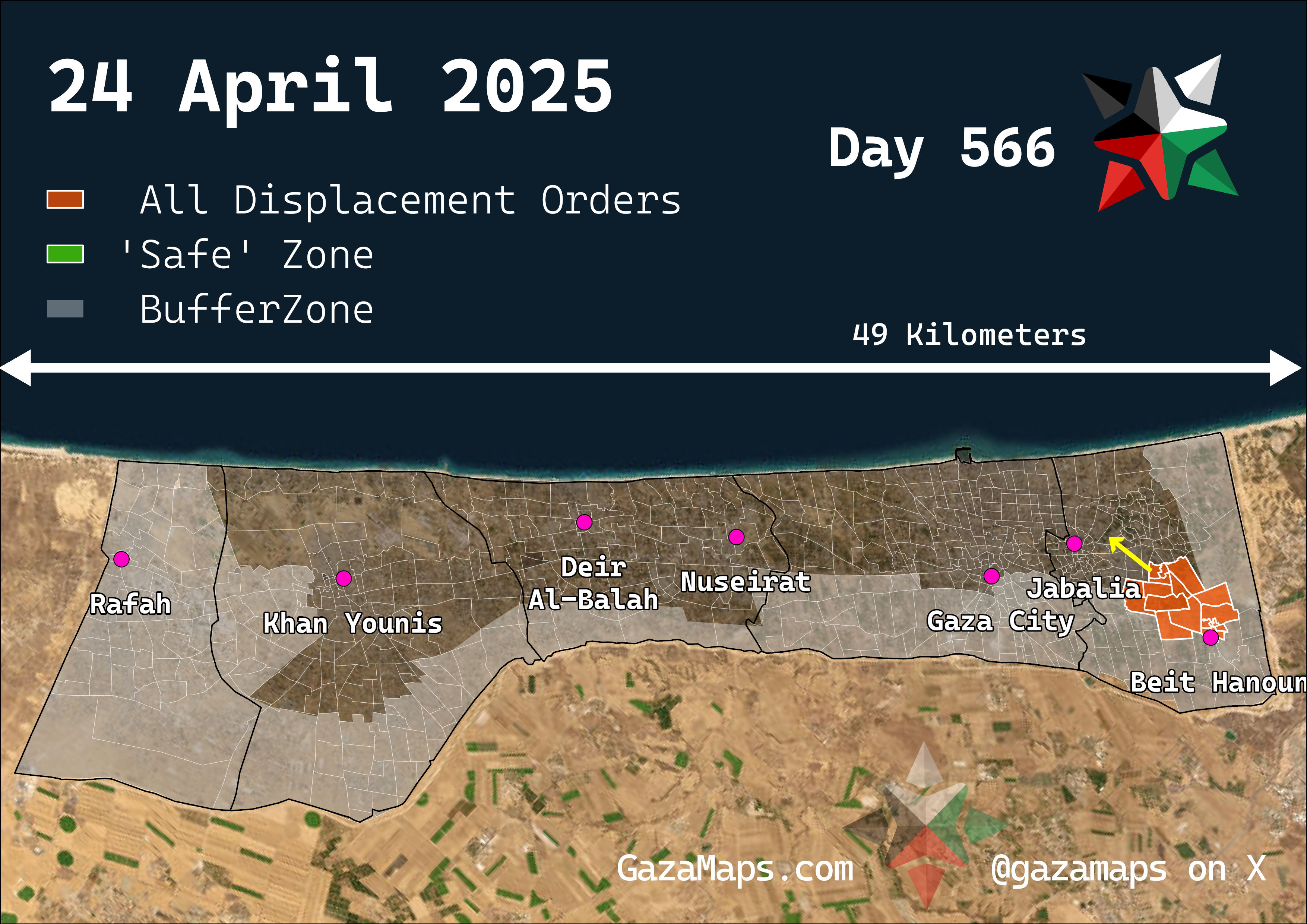 GazaMaps original map, based on IDF displacement order from 24 Apr 2025