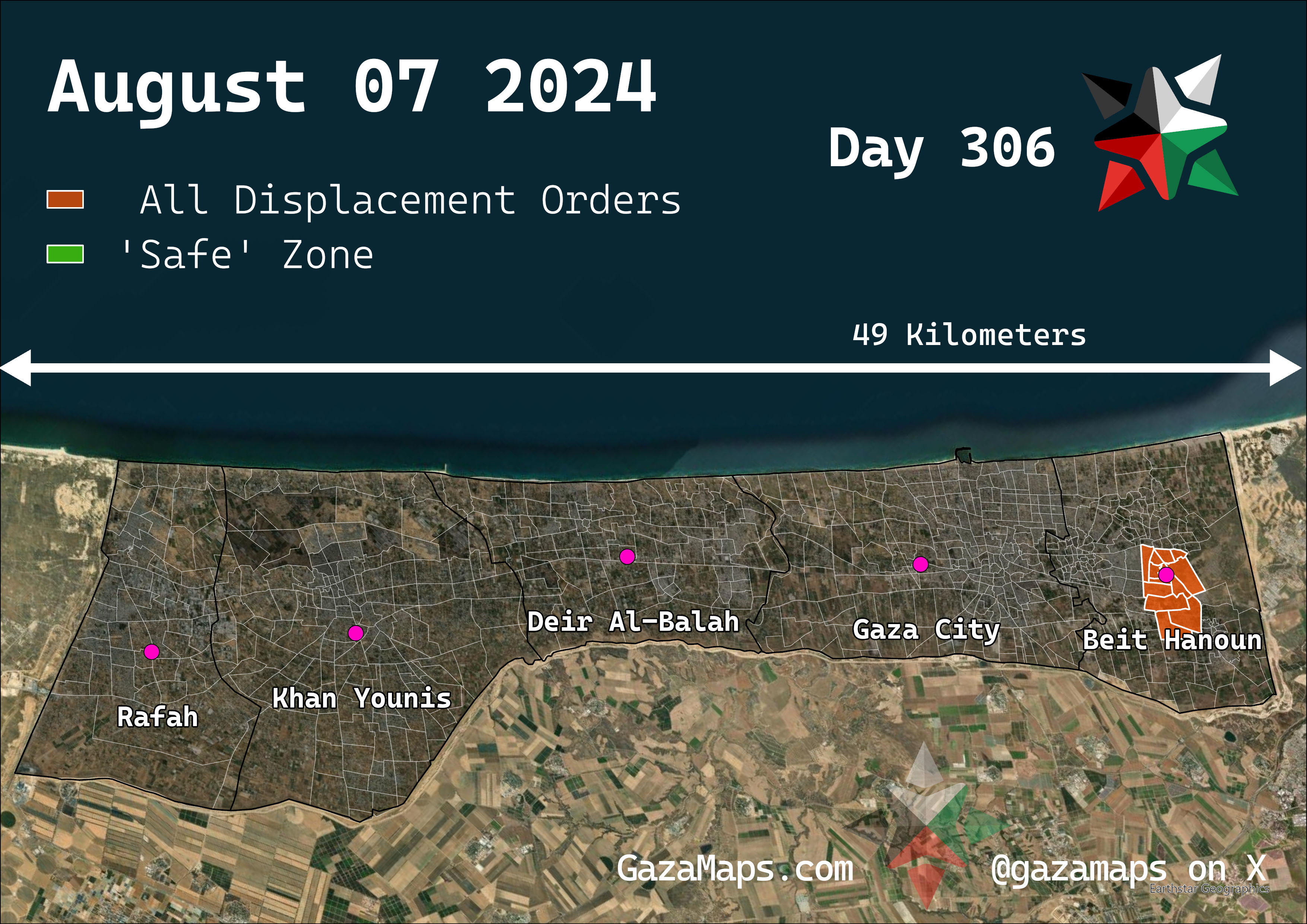 GazaMaps original map, based on IDF displacement order from 07 August, 2024