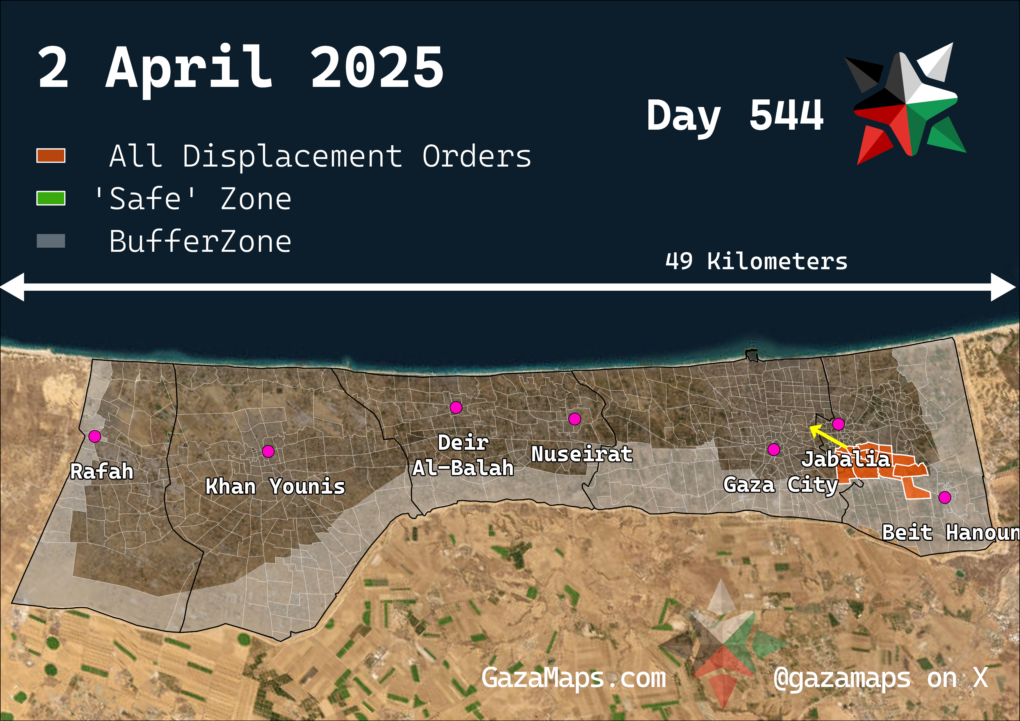 GazaMaps original map, based on IDF displacement order from 2 Apr 2025