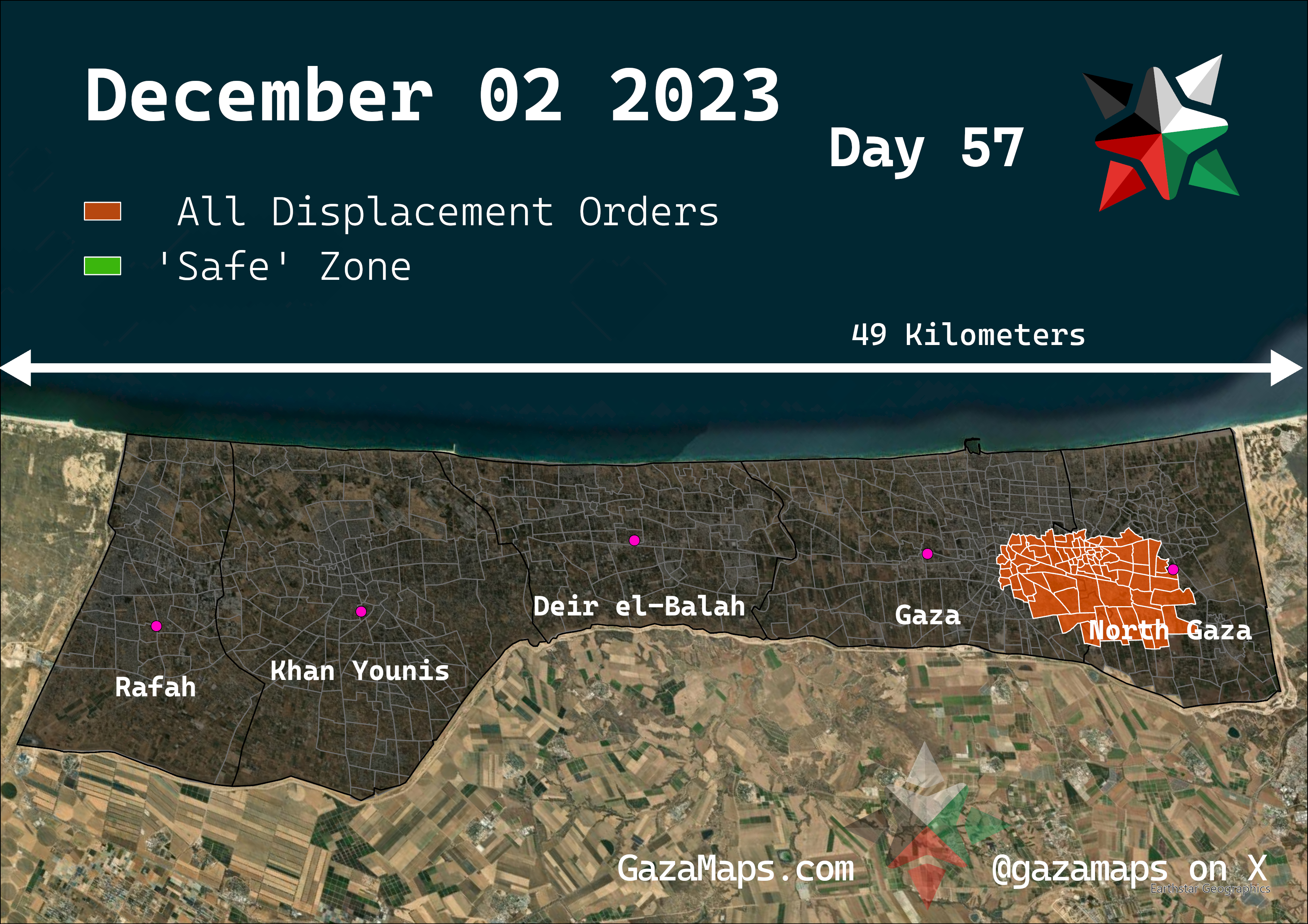 GazaMaps original map, based on IDF displacement order from 02 December, 2023