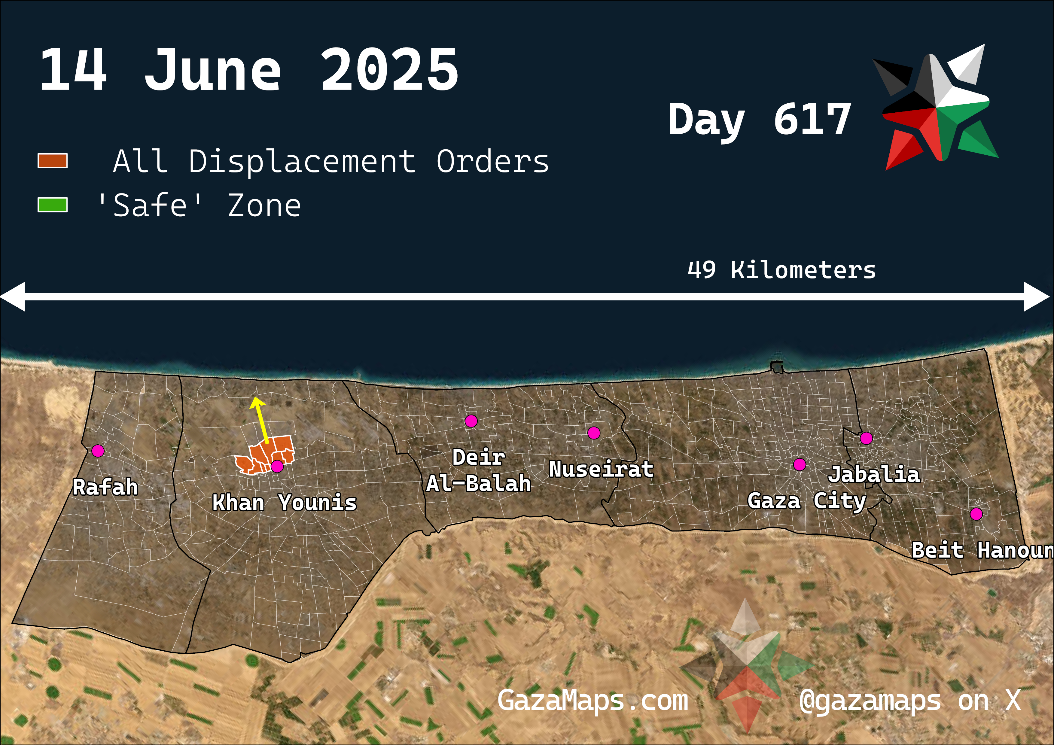 GazaMaps original map, based on IDF displacement order from 14 Jun 2025
