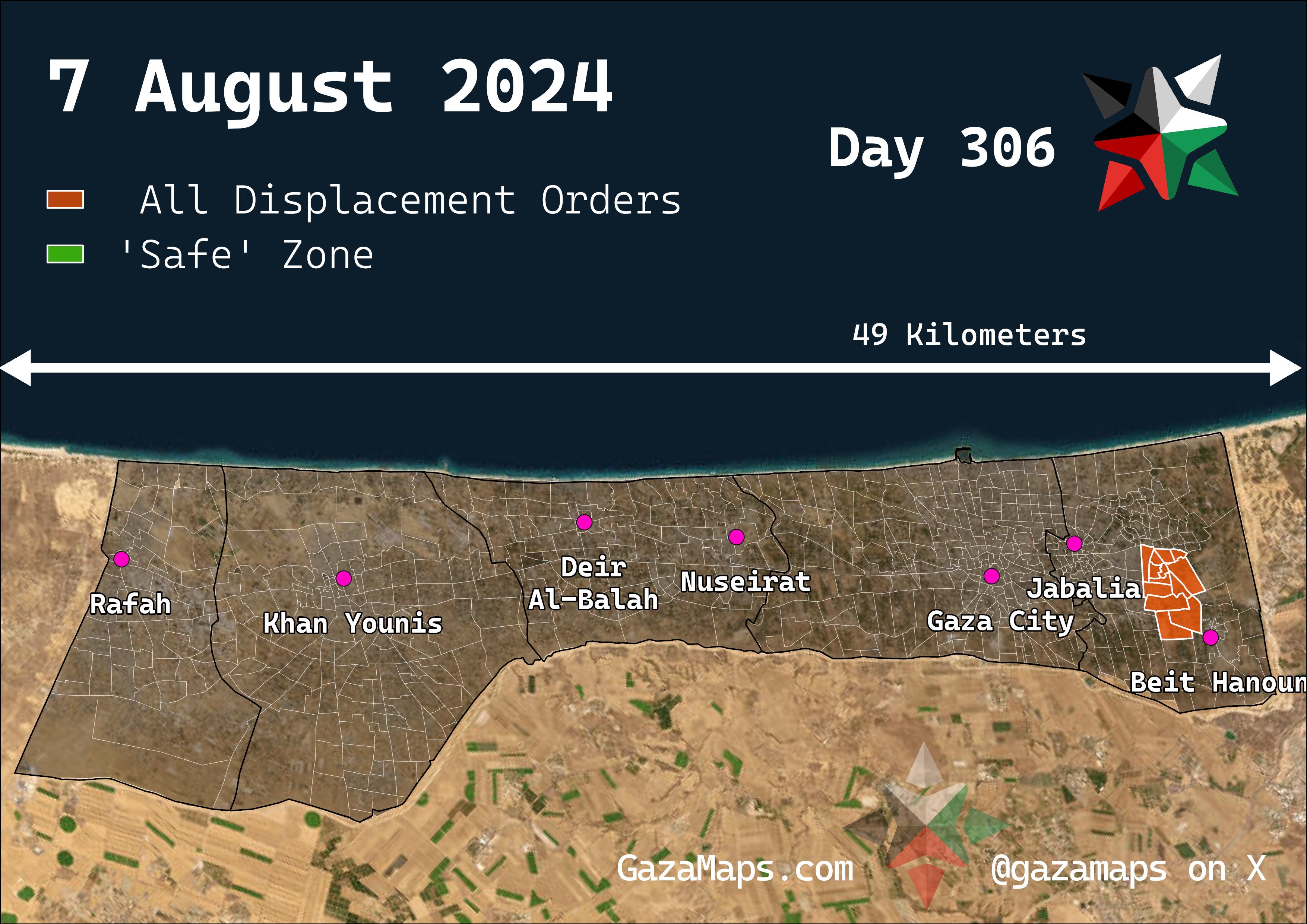 GazaMaps original map, based on IDF displacement order from 7 Aug 2024