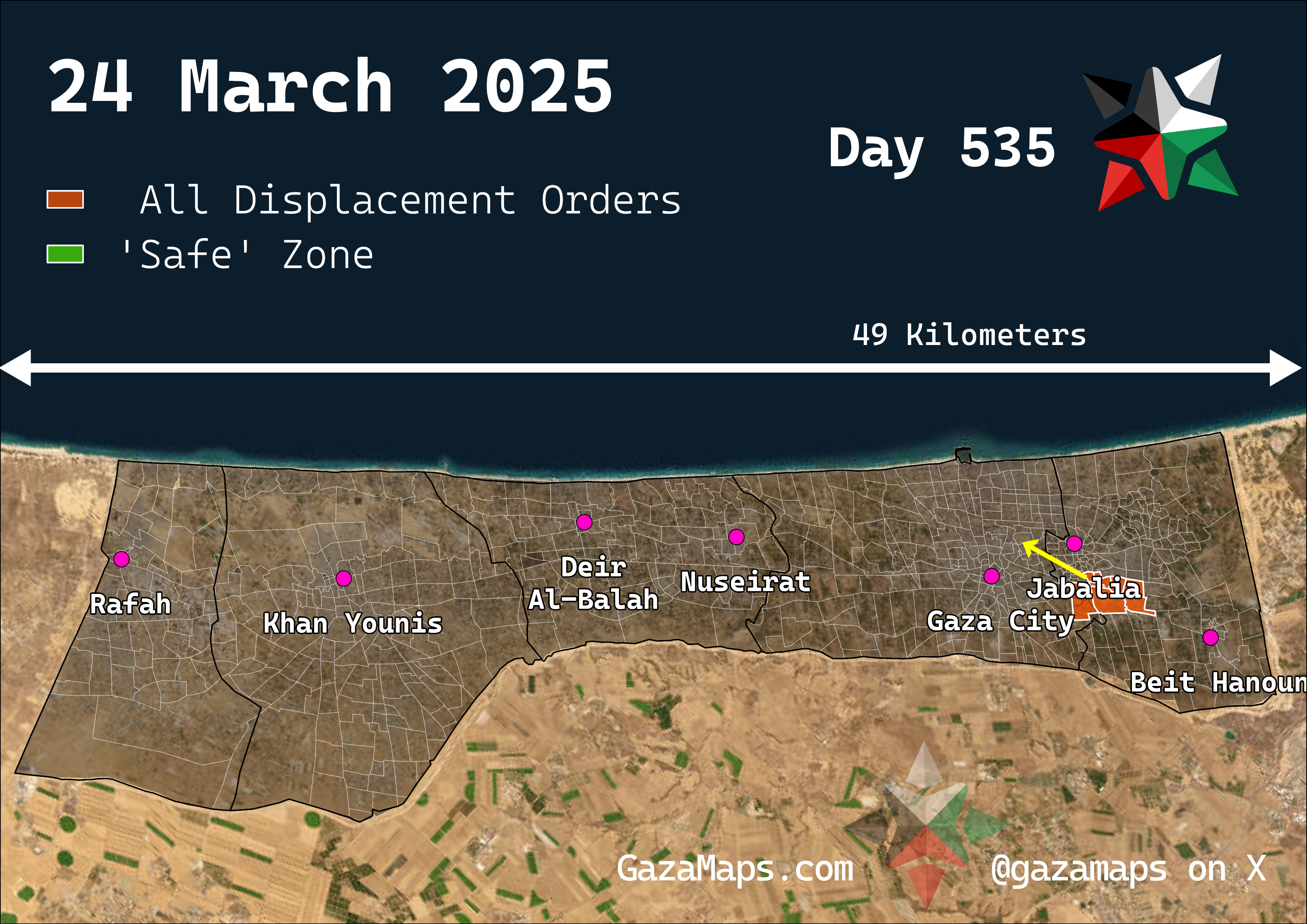 GazaMaps original map, based on IDF displacement order from 24 Mar 2025