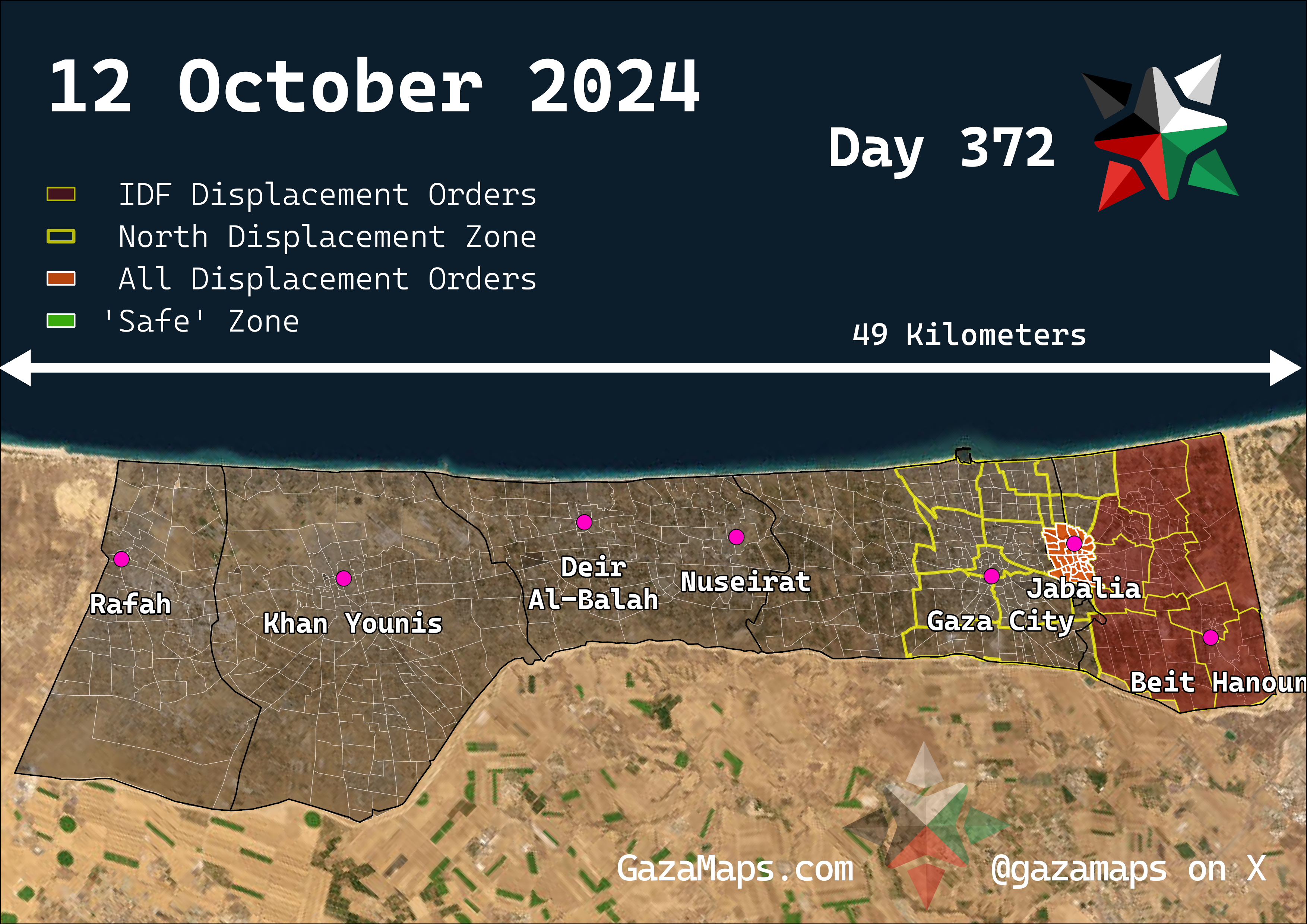 GazaMaps original map, based on IDF displacement order from 12 Oct 2024