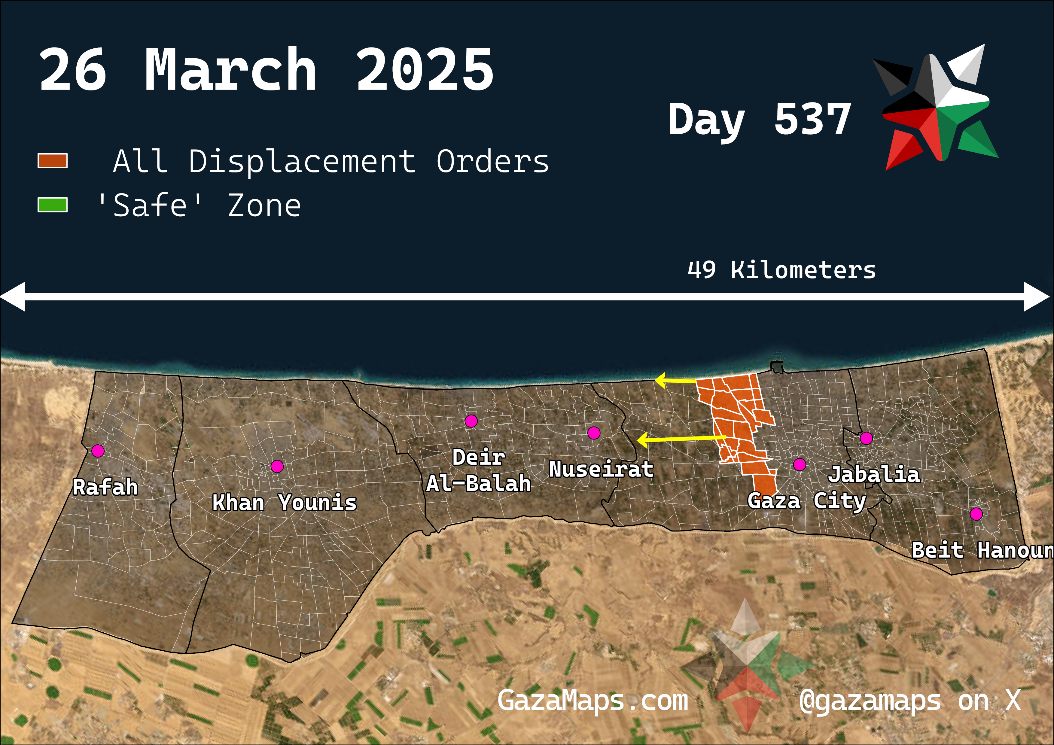 GazaMaps original map, based on IDF displacement order from 26 Mar 2025