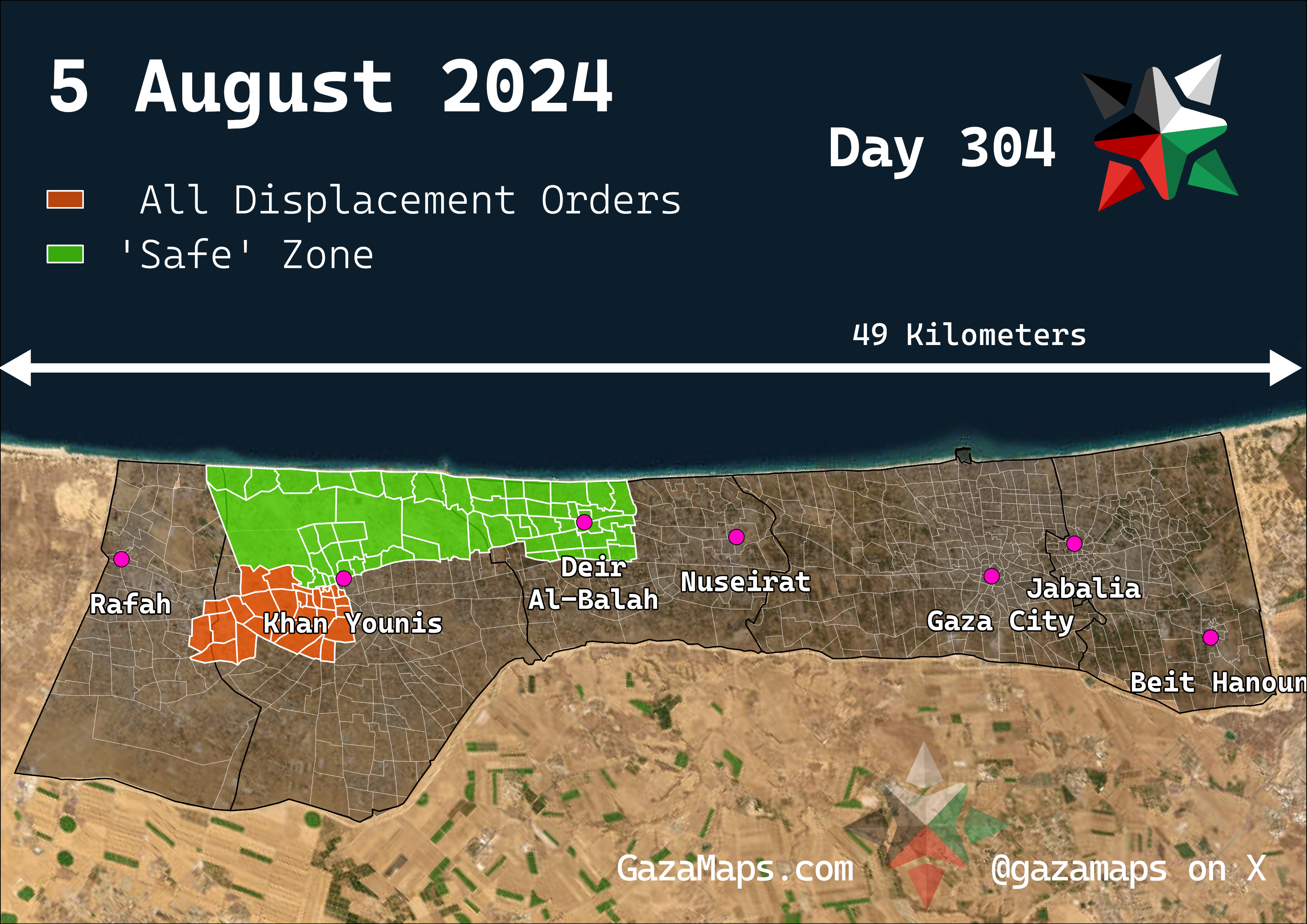 GazaMaps original map, based on IDF displacement order from 5 Aug 2024