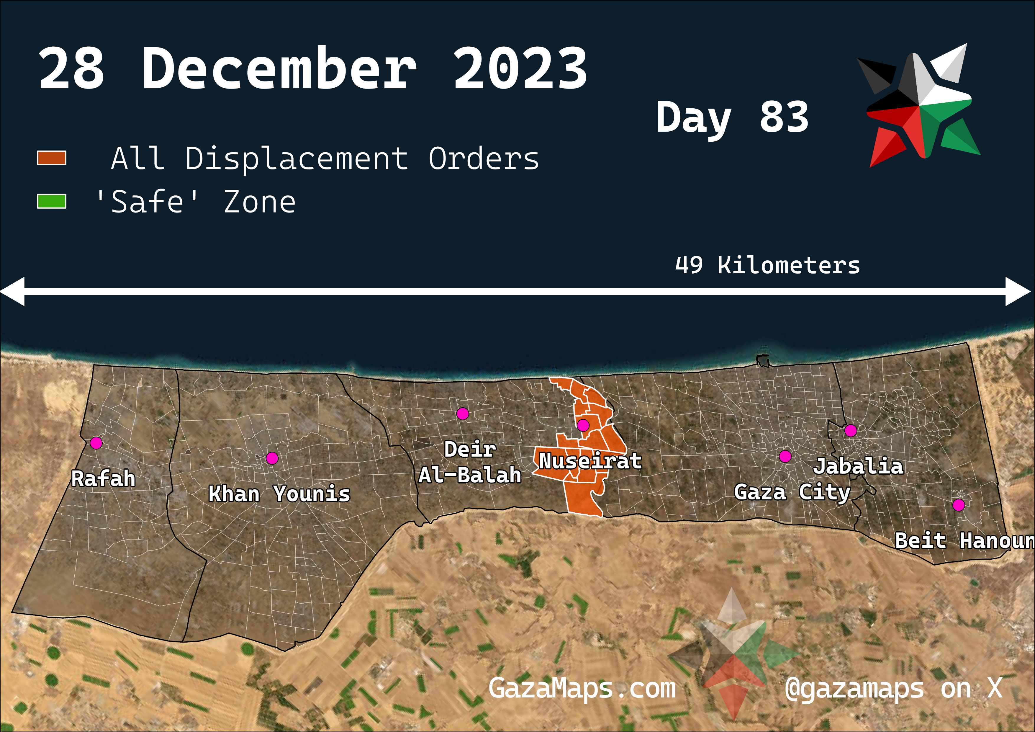 GazaMaps original map, based on IDF displacement order from 28 Dec 2023