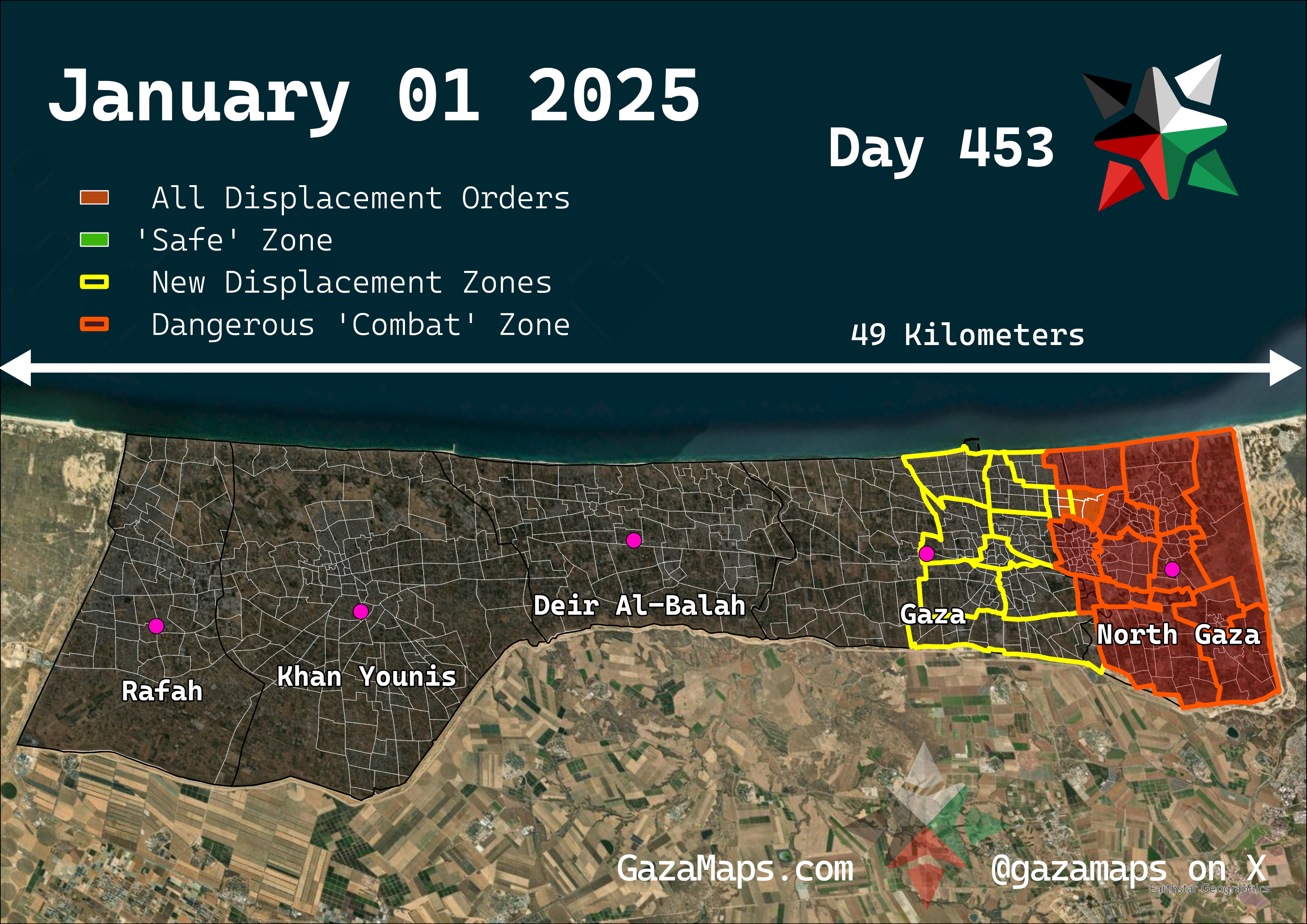 GazaMaps original map, based on IDF displacement order from 01 January, 2025