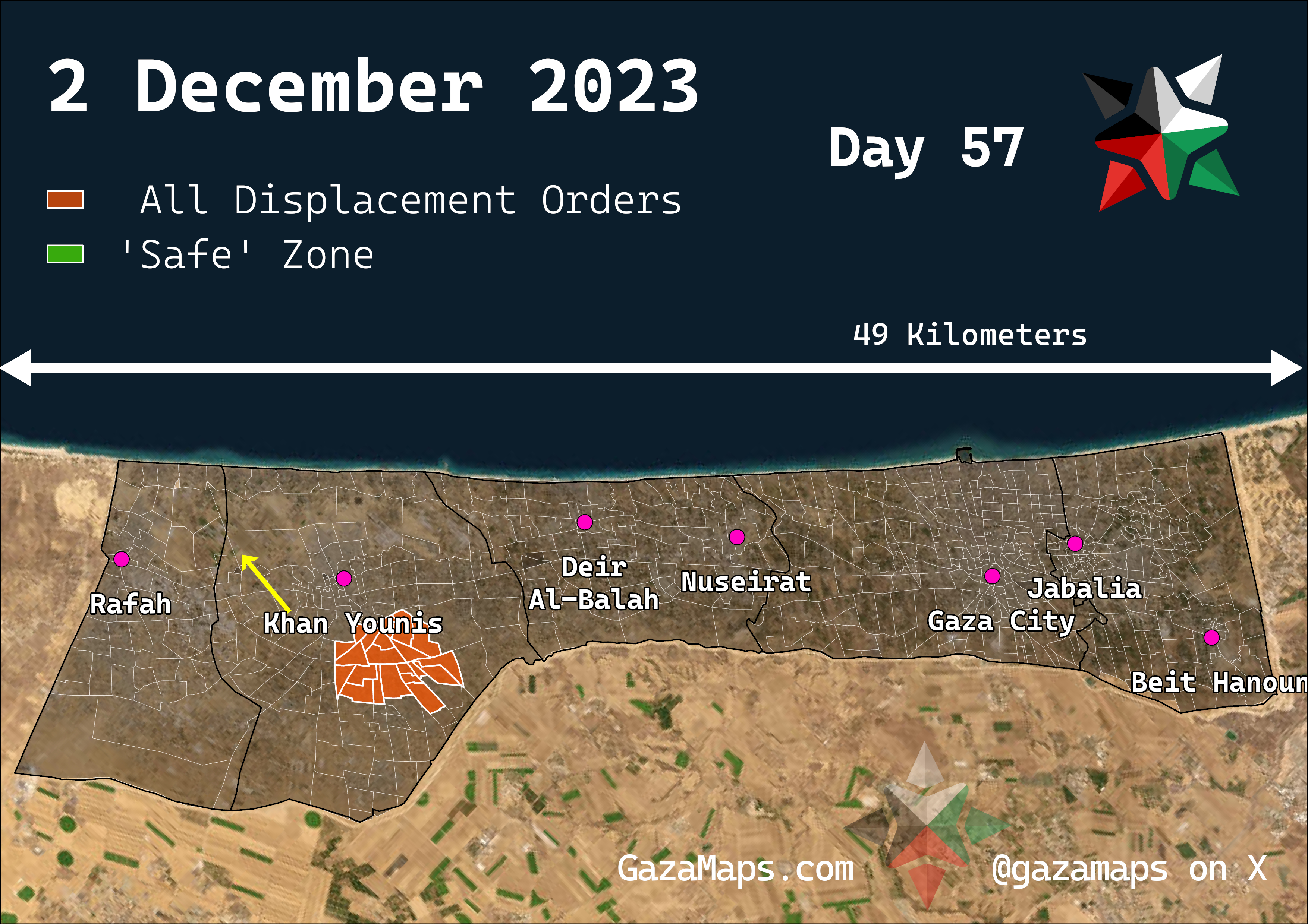 GazaMaps original map, based on IDF displacement order from 2 Dec 2023