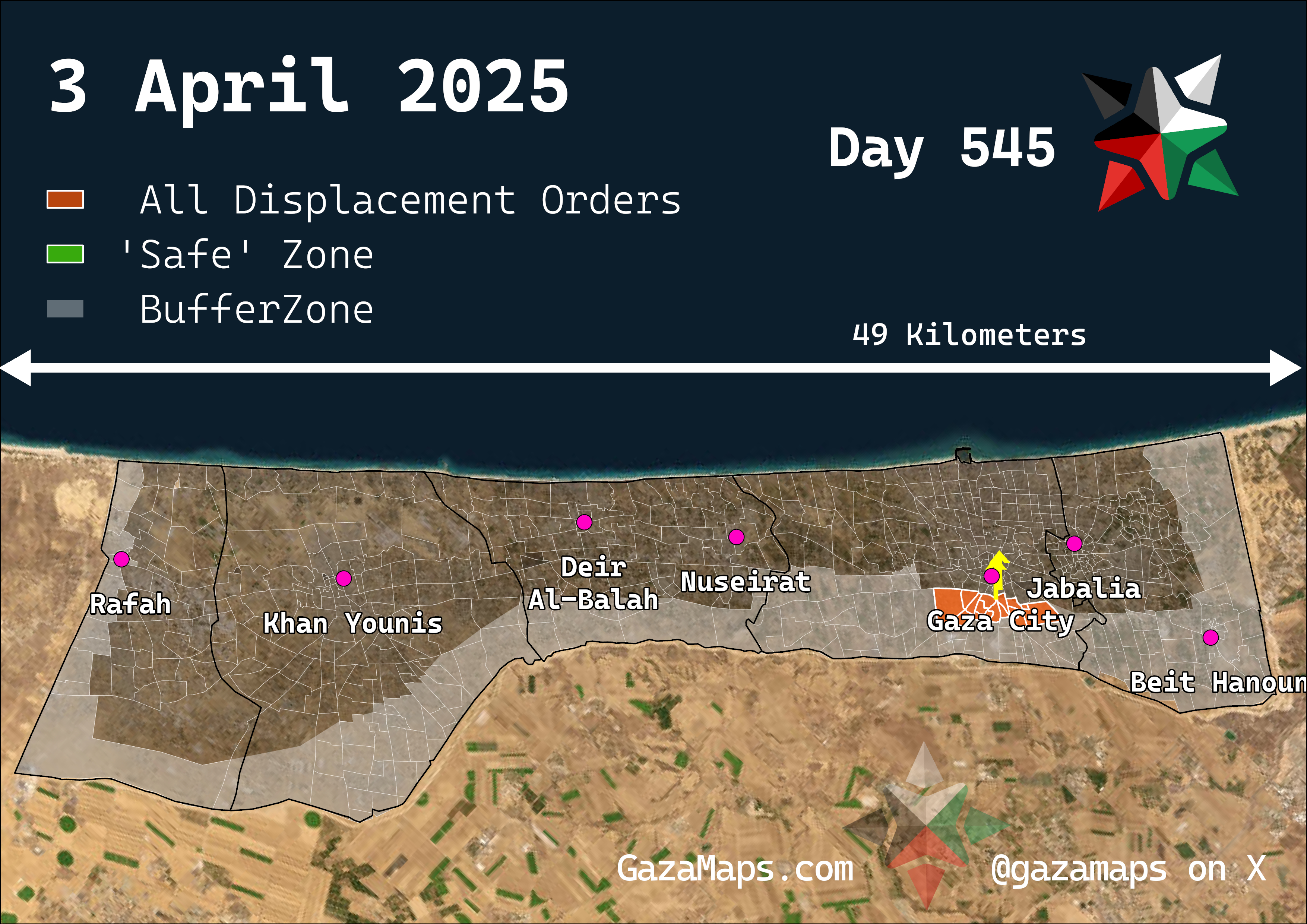 GazaMaps original map, based on IDF displacement order from 3 Apr 2025