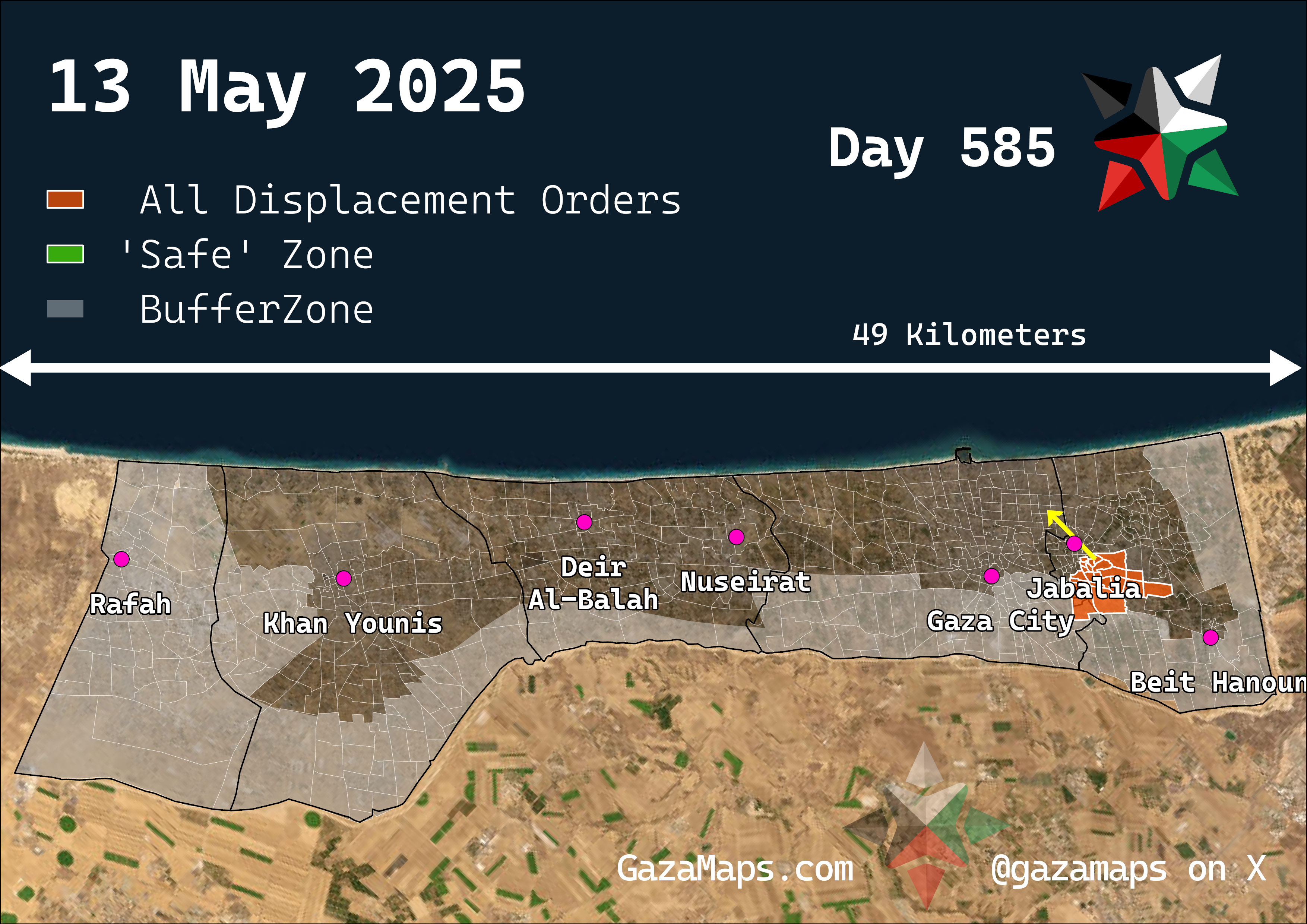 GazaMaps original map, based on IDF displacement order from 13 May 2025