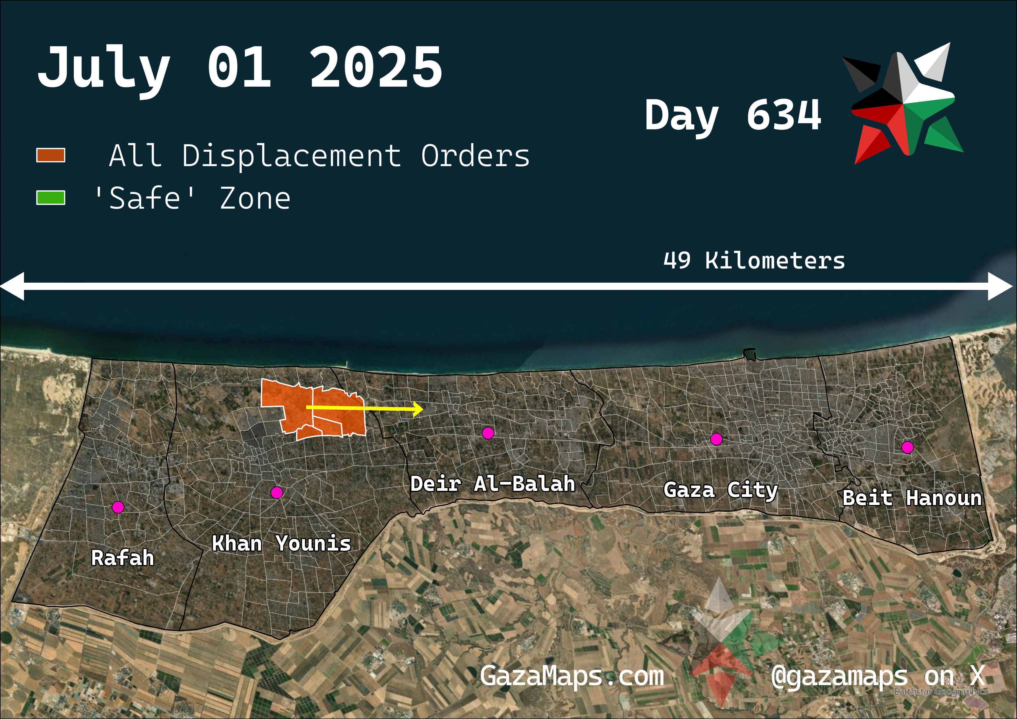 GazaMaps original map, based on IDF displacement order from 01 July, 2025