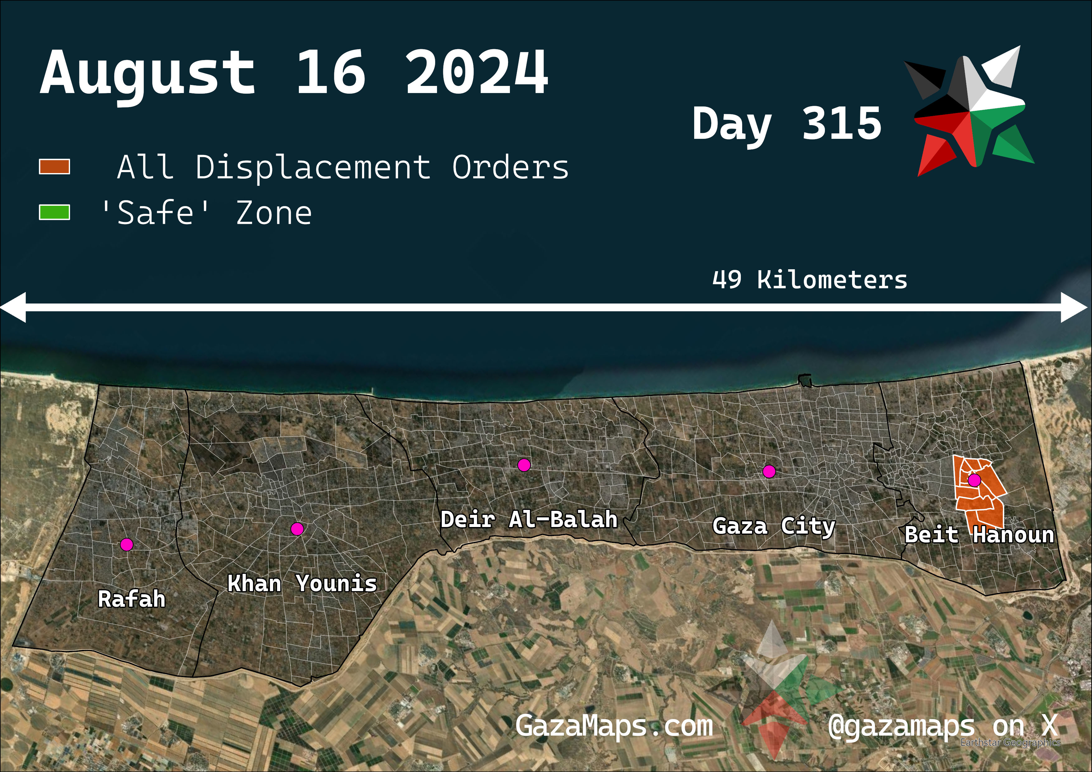 GazaMaps original map, based on IDF displacement order from 16 August, 2024