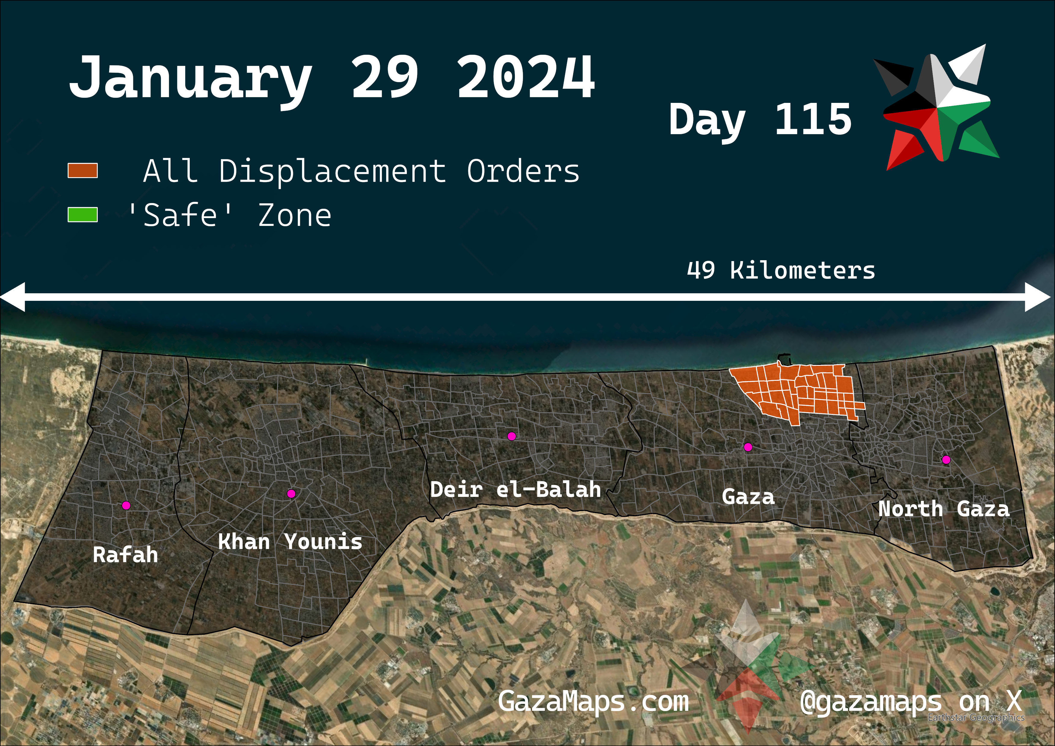 GazaMaps original map, based on IDF displacement order from 29 January, 2024