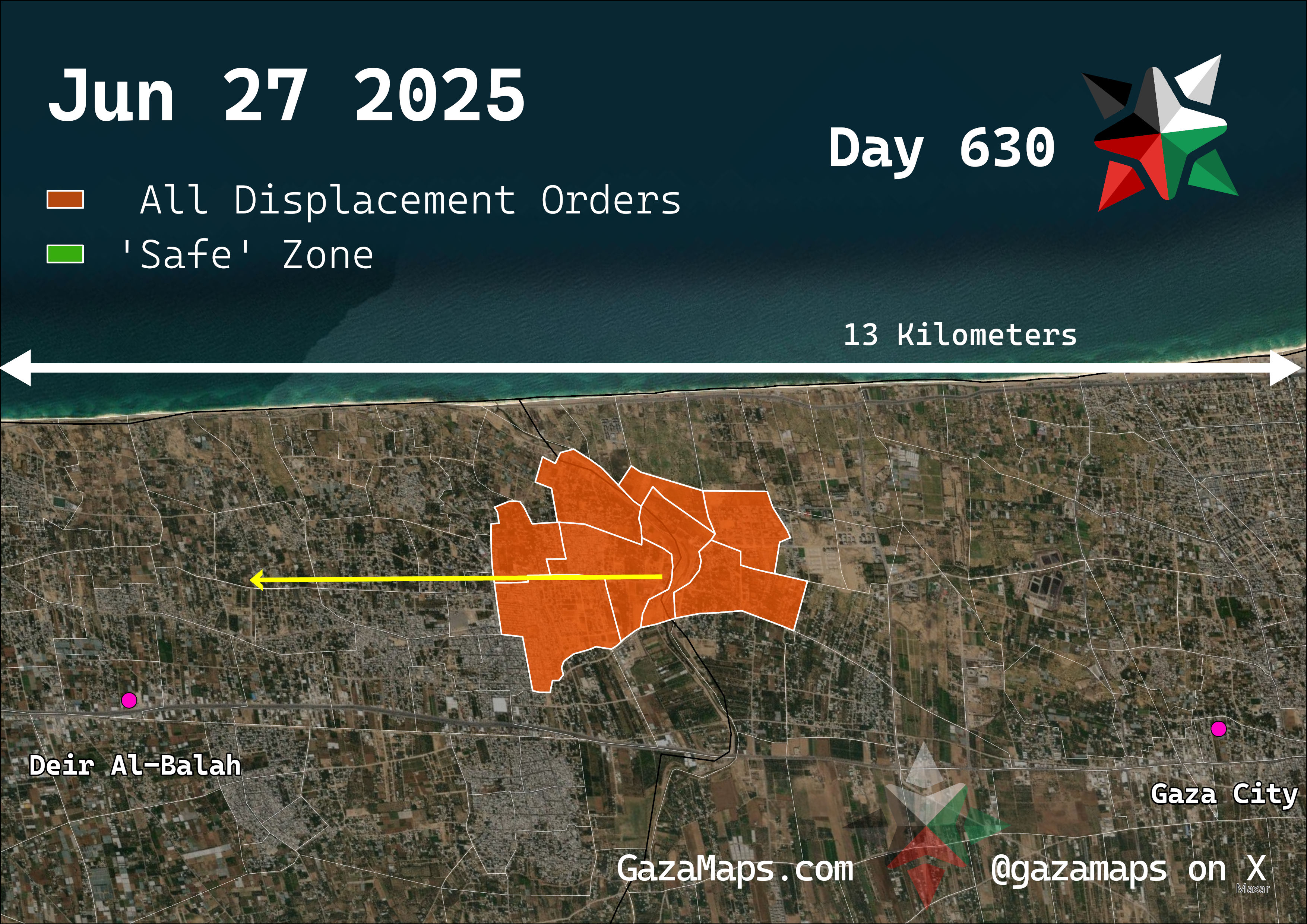 GazaMaps original map, based on IDF displacement order from 27 June, 2025