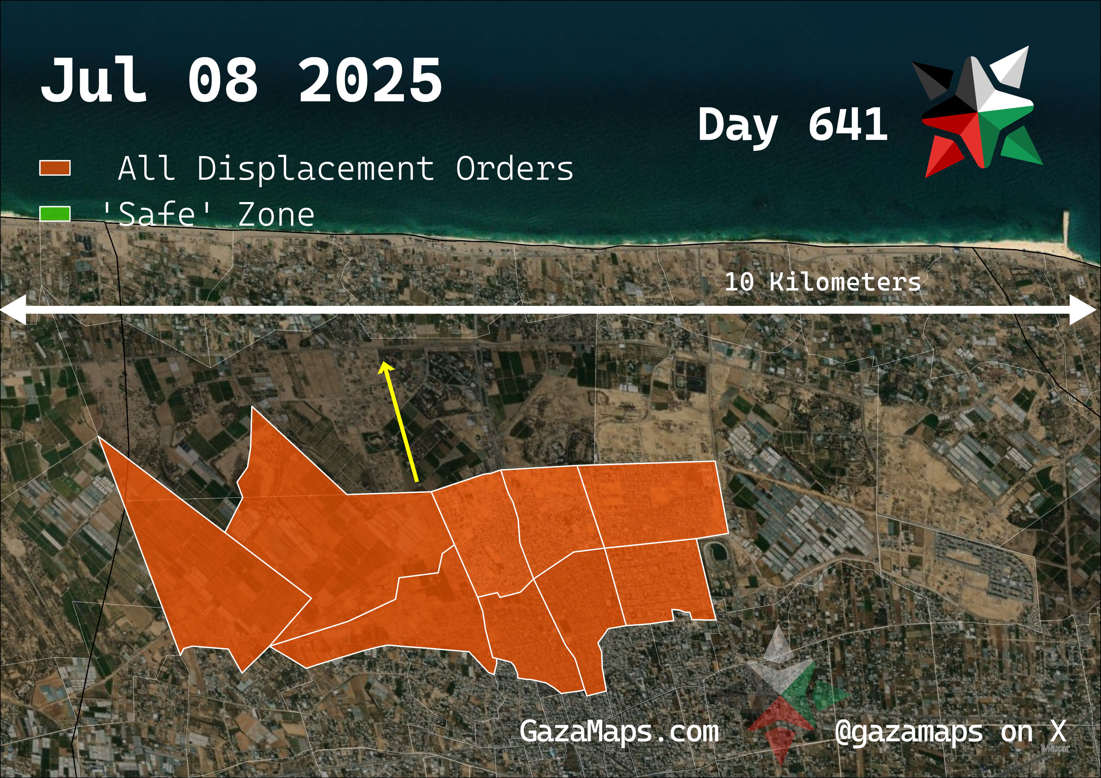 GazaMaps original map, based on IDF displacement order from 08 July, 2025