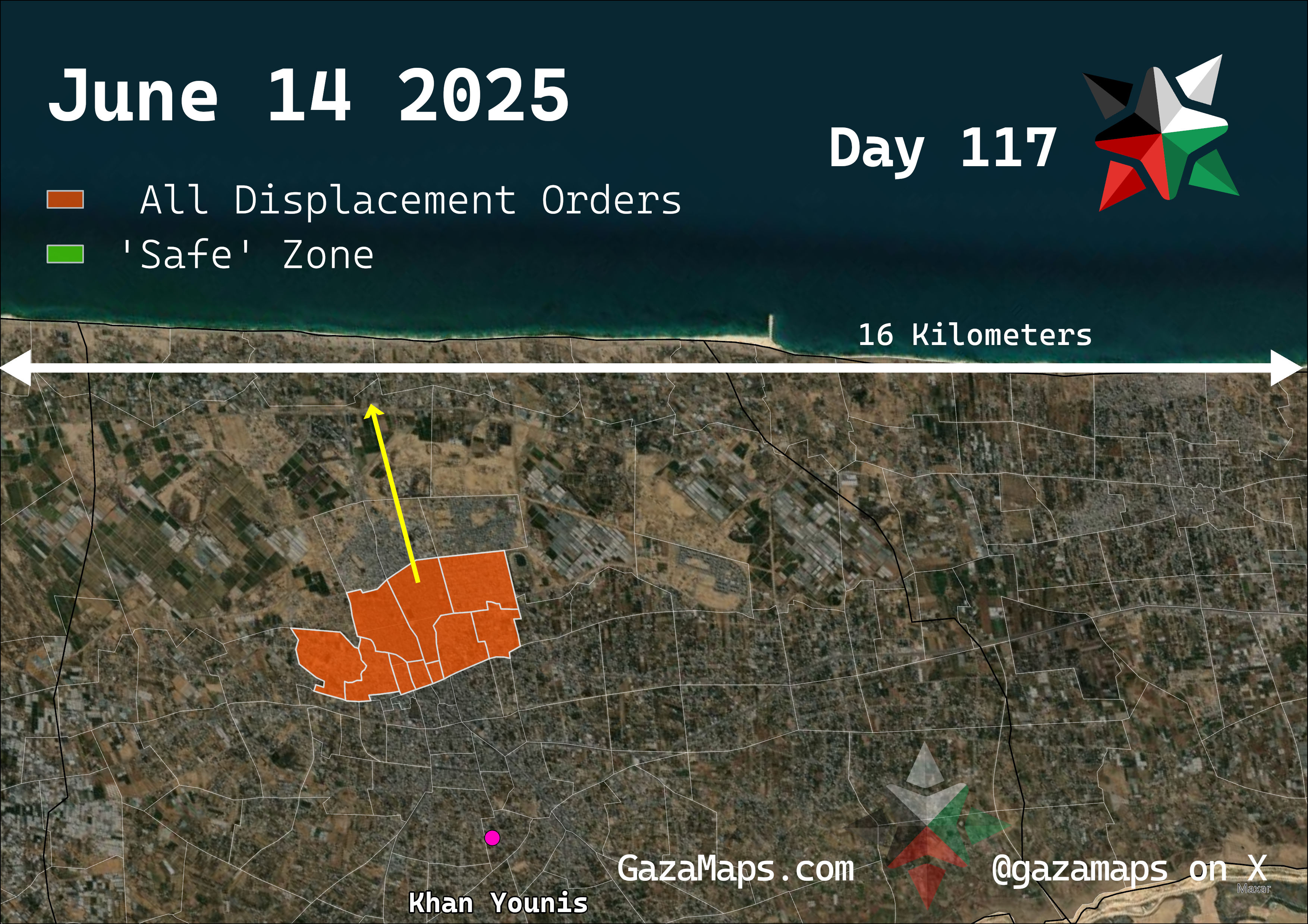 GazaMaps original map, based on IDF displacement order from 14 June, 2025