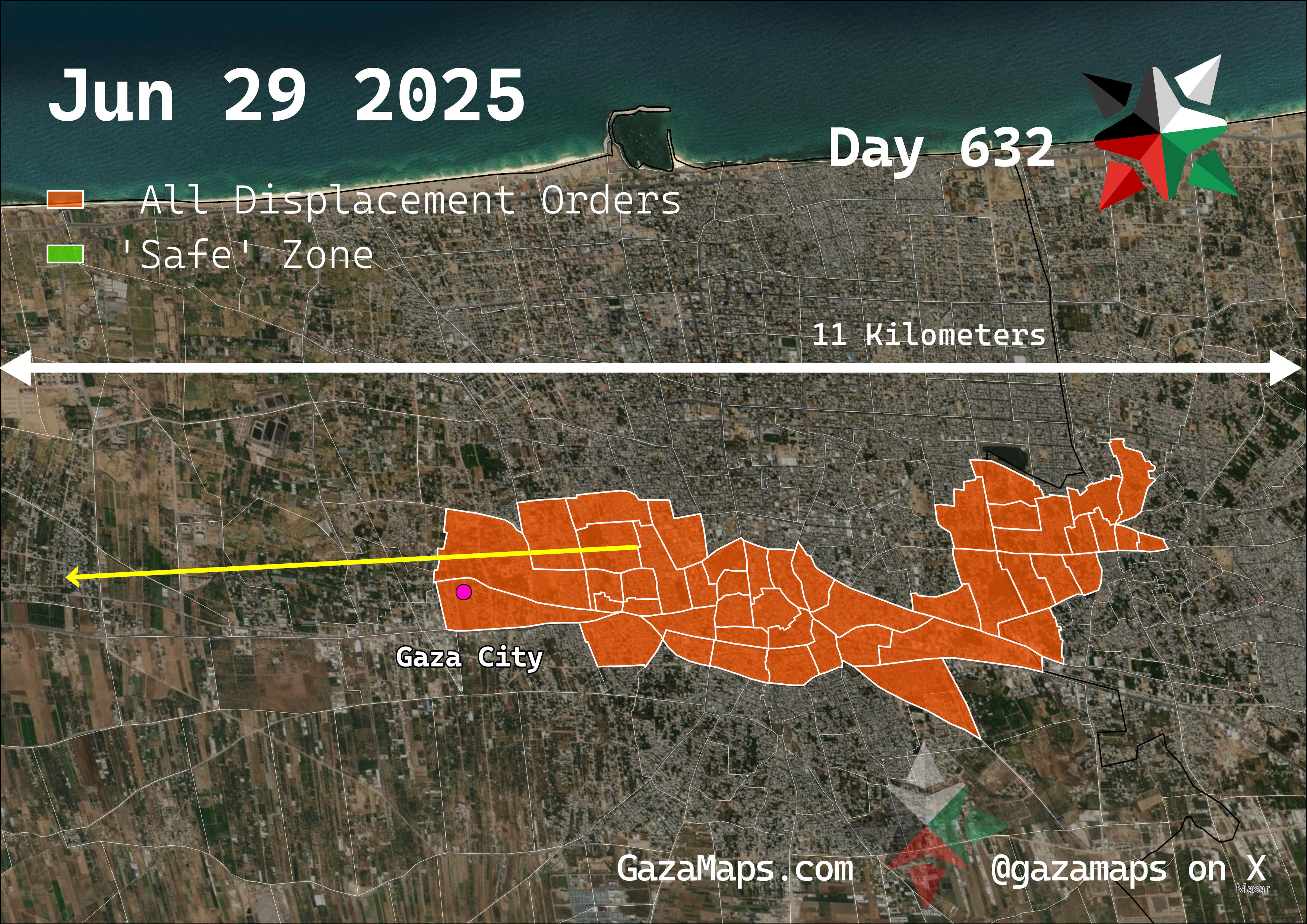 GazaMaps original map, based on IDF displacement order from 29 June, 2025