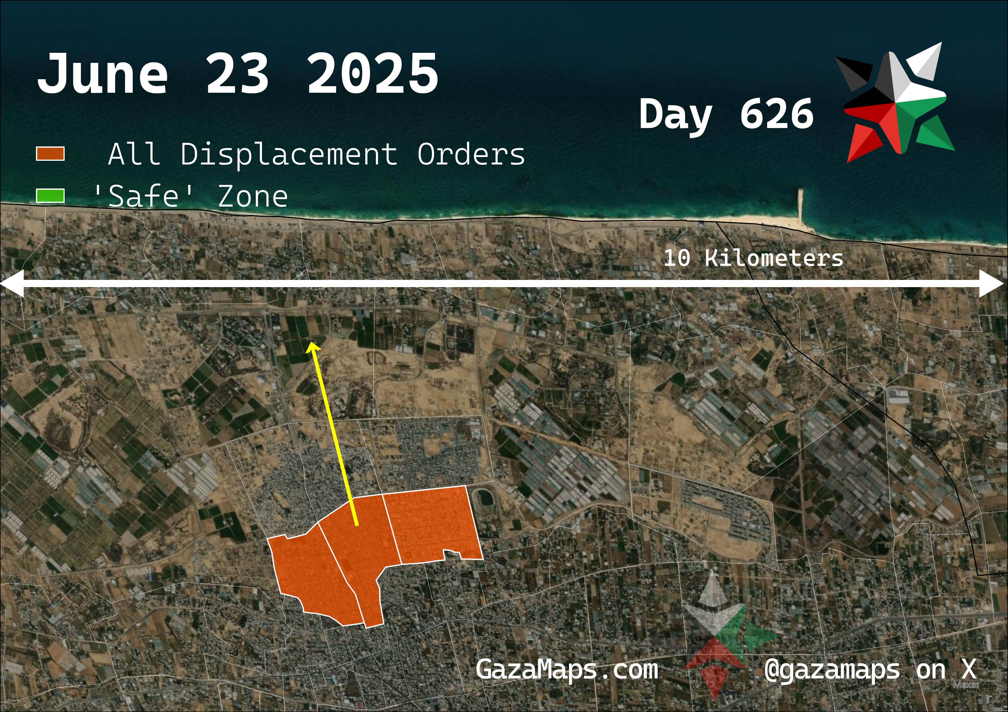 GazaMaps original map, based on IDF displacement order from 23 June, 2025